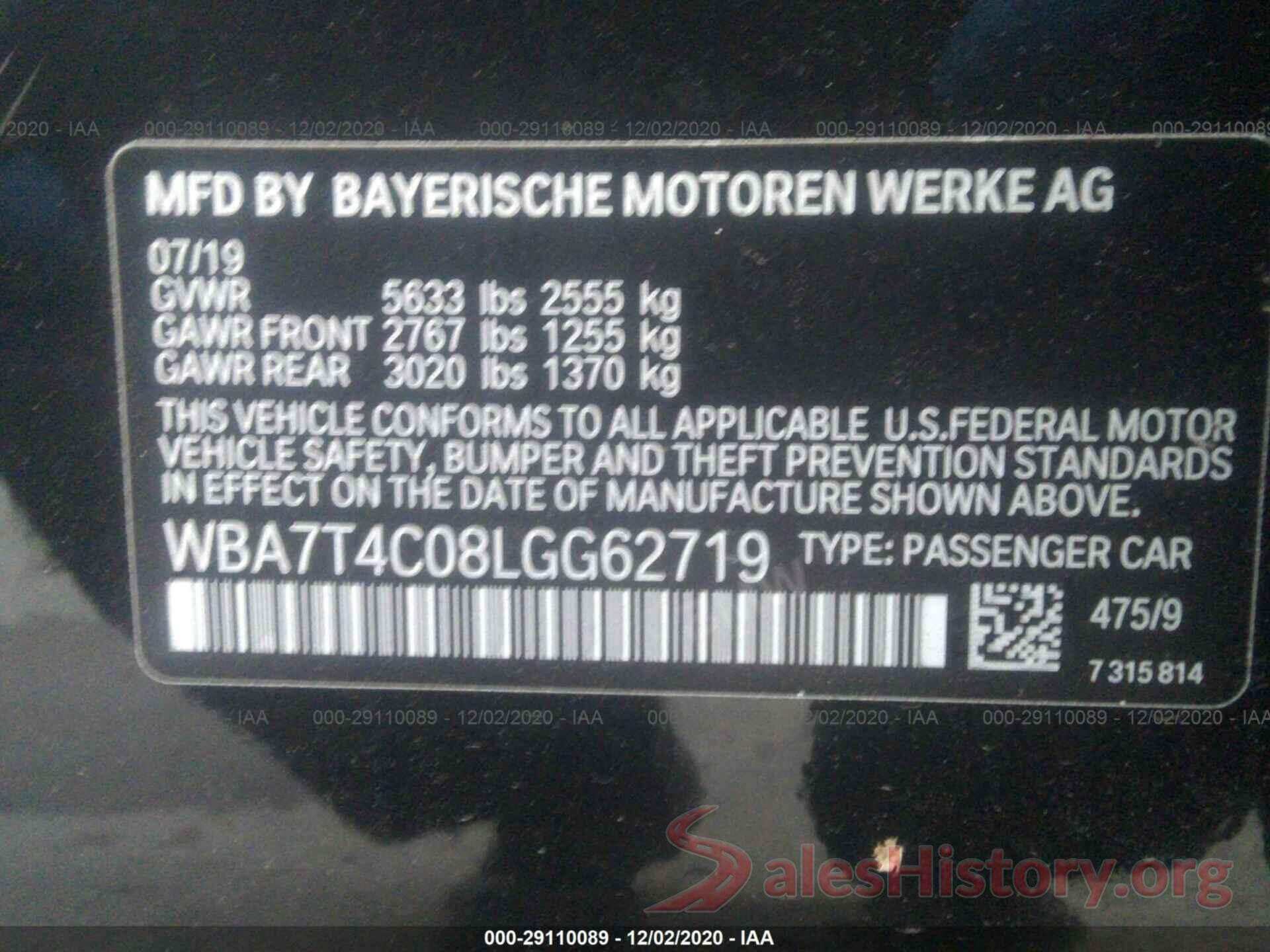 WBA7T4C08LGG62719 2020 BMW 7 SERIES