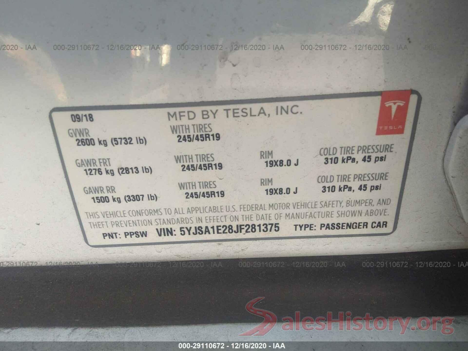 5YJSA1E28JF281375 2018 TESLA MODEL S