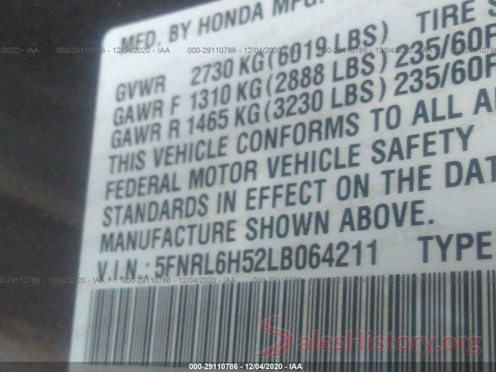 5FNRL6H52LB064211 2020 HONDA ODYSSEY