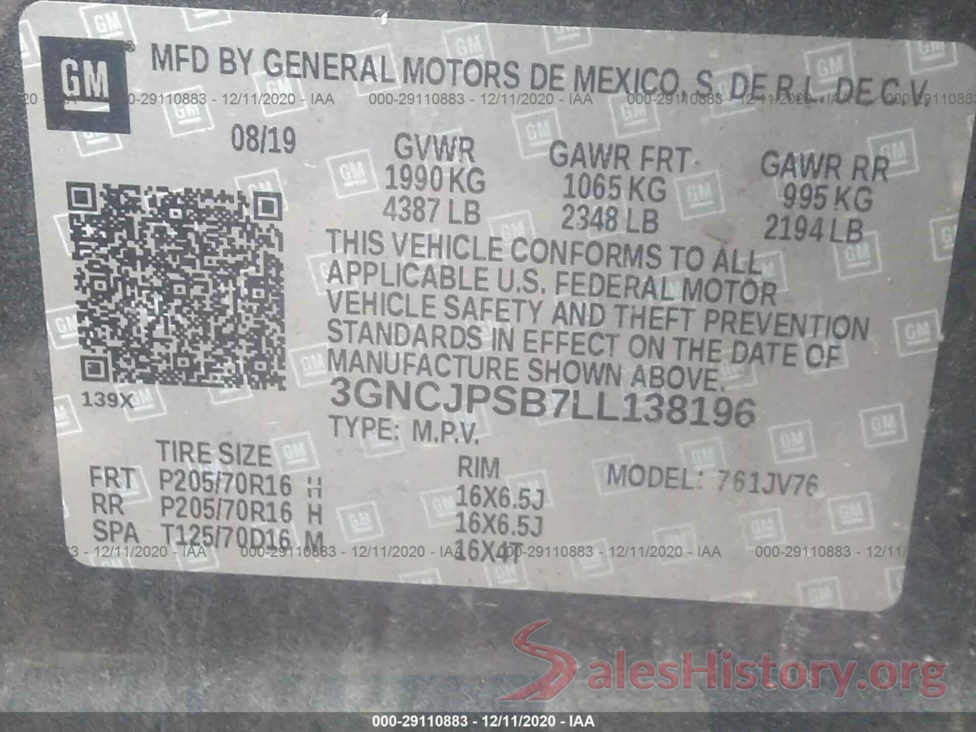 3GNCJPSB7LL138196 2020 CHEVROLET TRAX