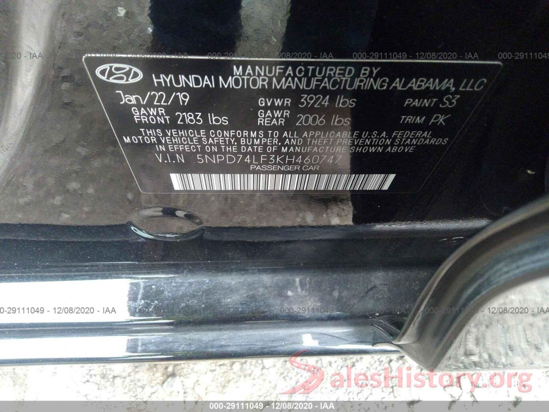 5NPD74LF3KH460747 2019 HYUNDAI ELANTRA