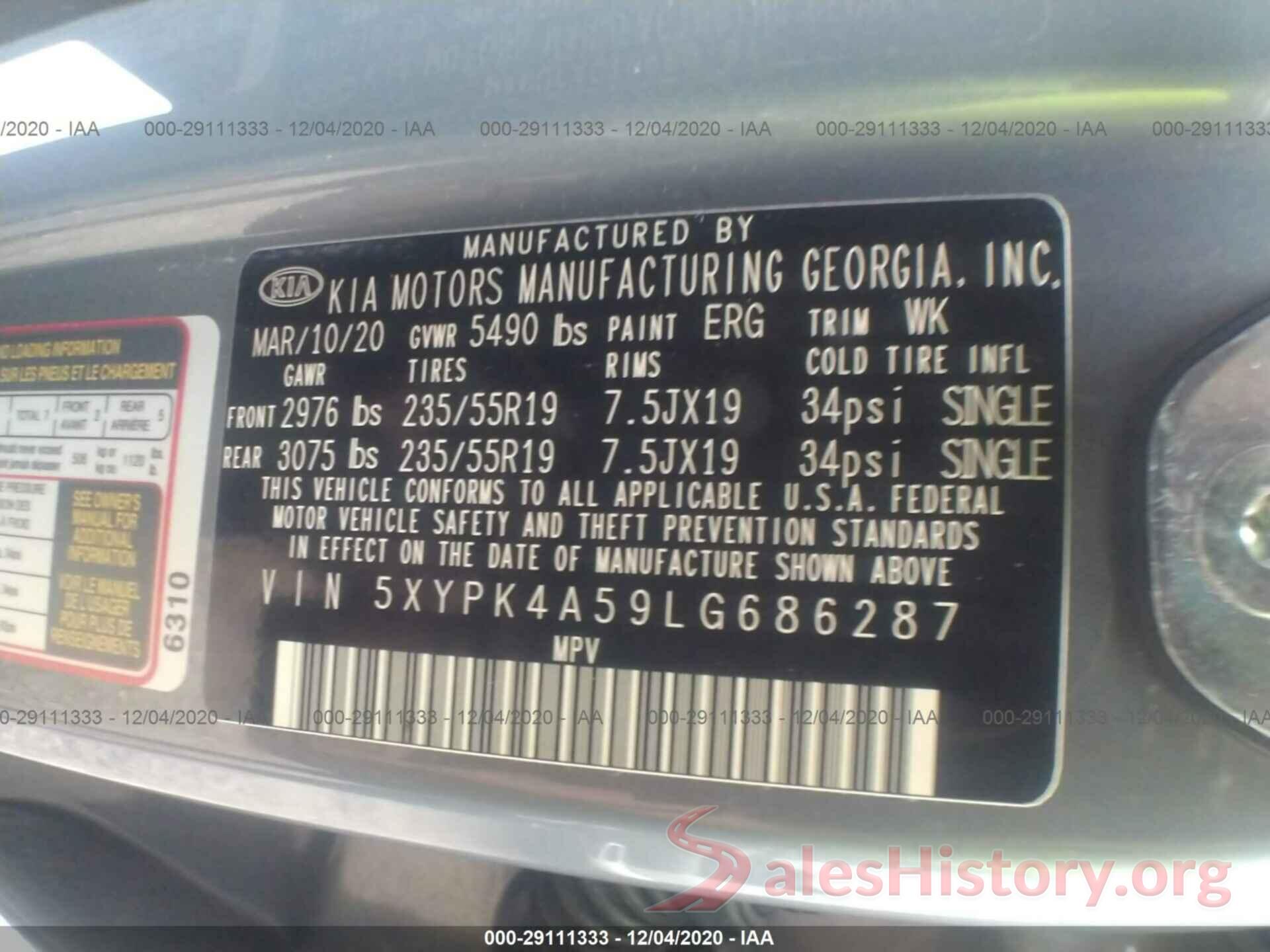 5XYPK4A59LG686287 2020 KIA SORENTO