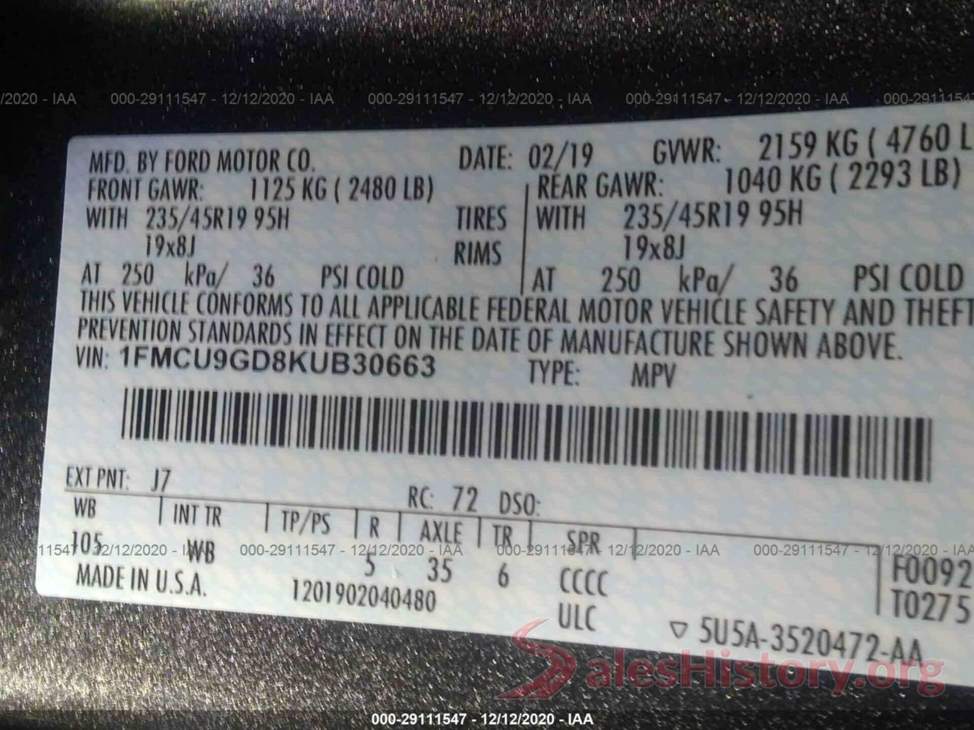 1FMCU9GD8KUB30663 2019 FORD ESCAPE