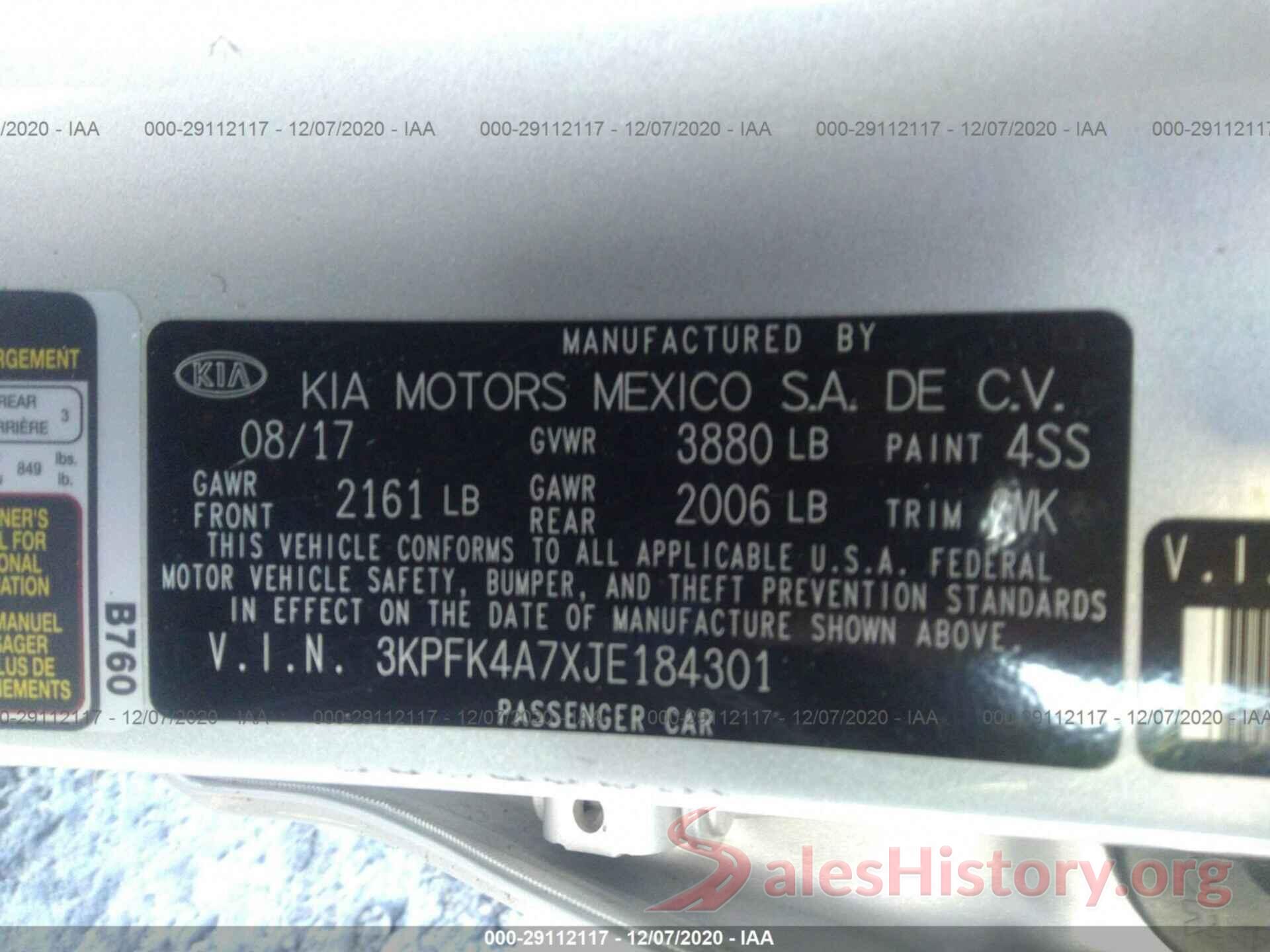 3KPFK4A7XJE184301 2018 KIA FORTE