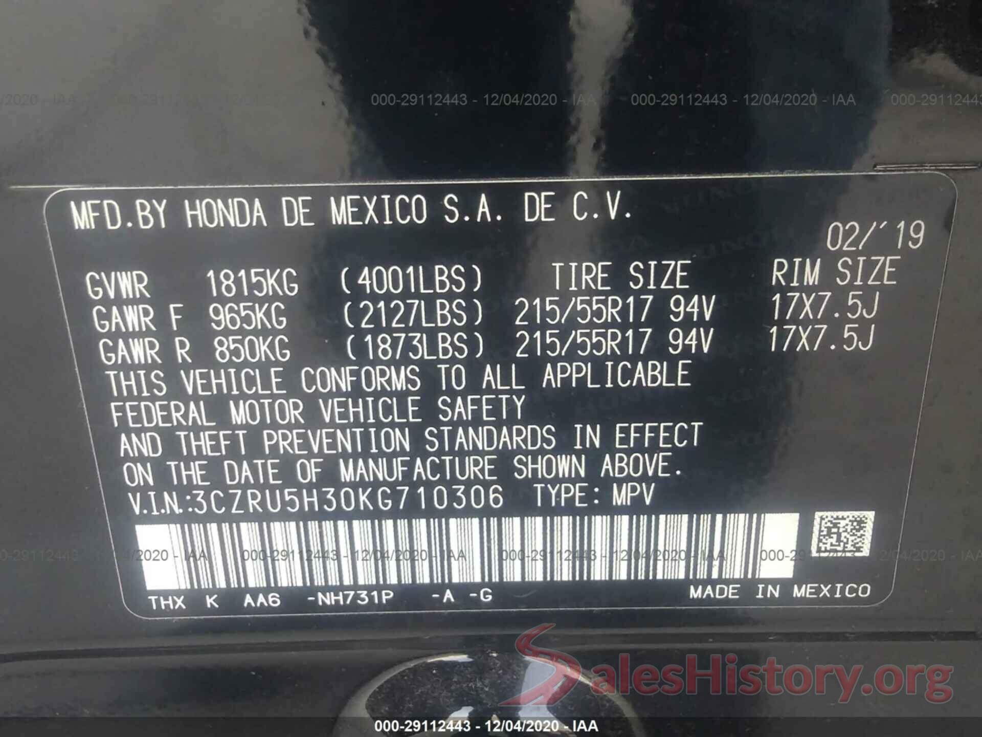 3CZRU5H30KG710306 2019 HONDA HR-V