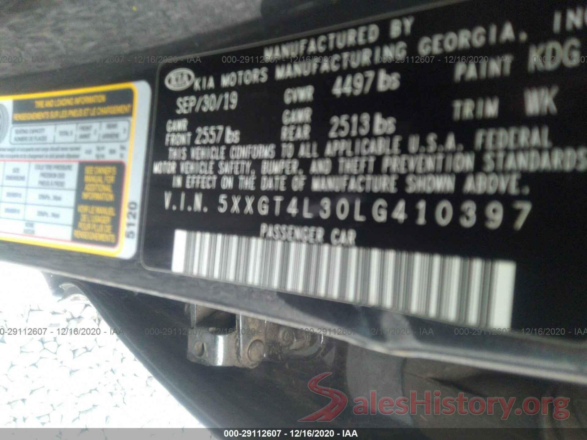 5XXGT4L30LG410397 2020 KIA OPTIMA