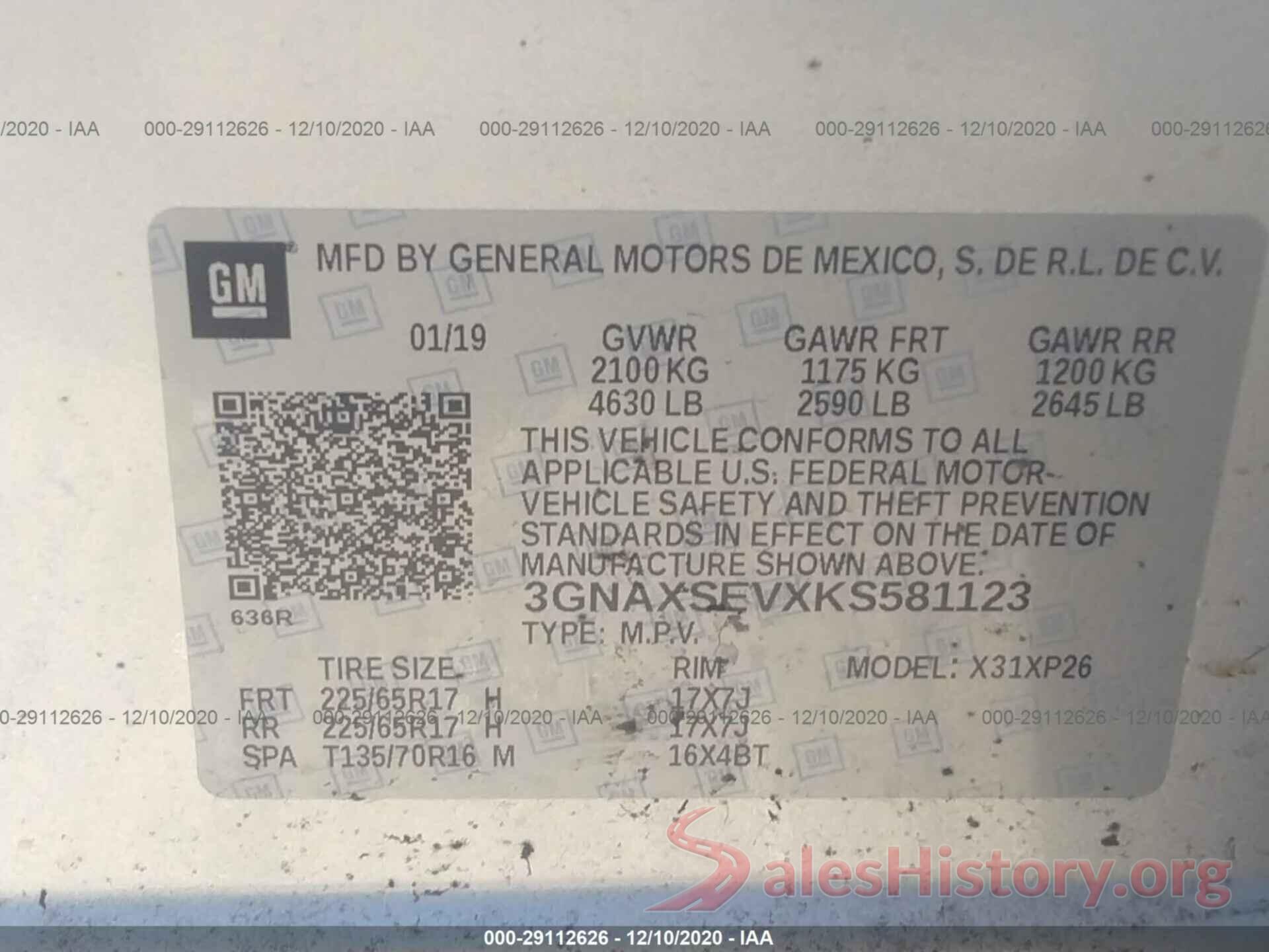 3GNAXSEVXKS581123 2019 CHEVROLET EQUINOX