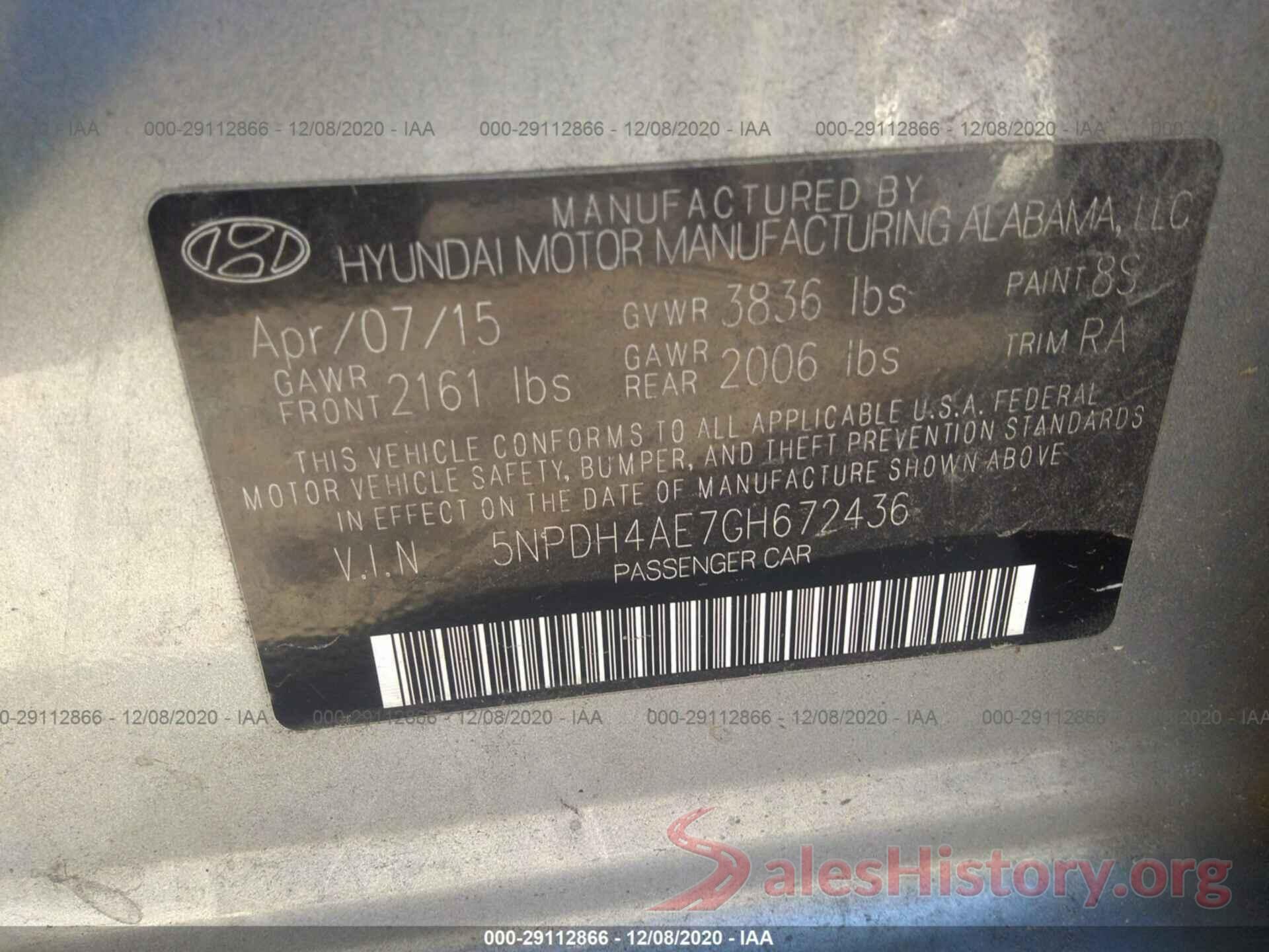 5NPDH4AE7GH672436 2016 HYUNDAI ELANTRA