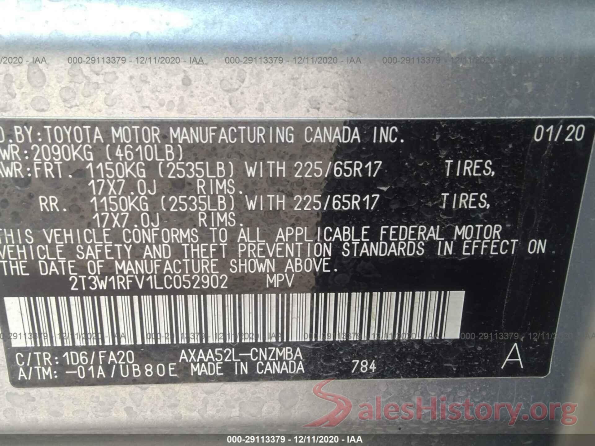 2T3W1RFV1LC052902 2020 TOYOTA RAV4