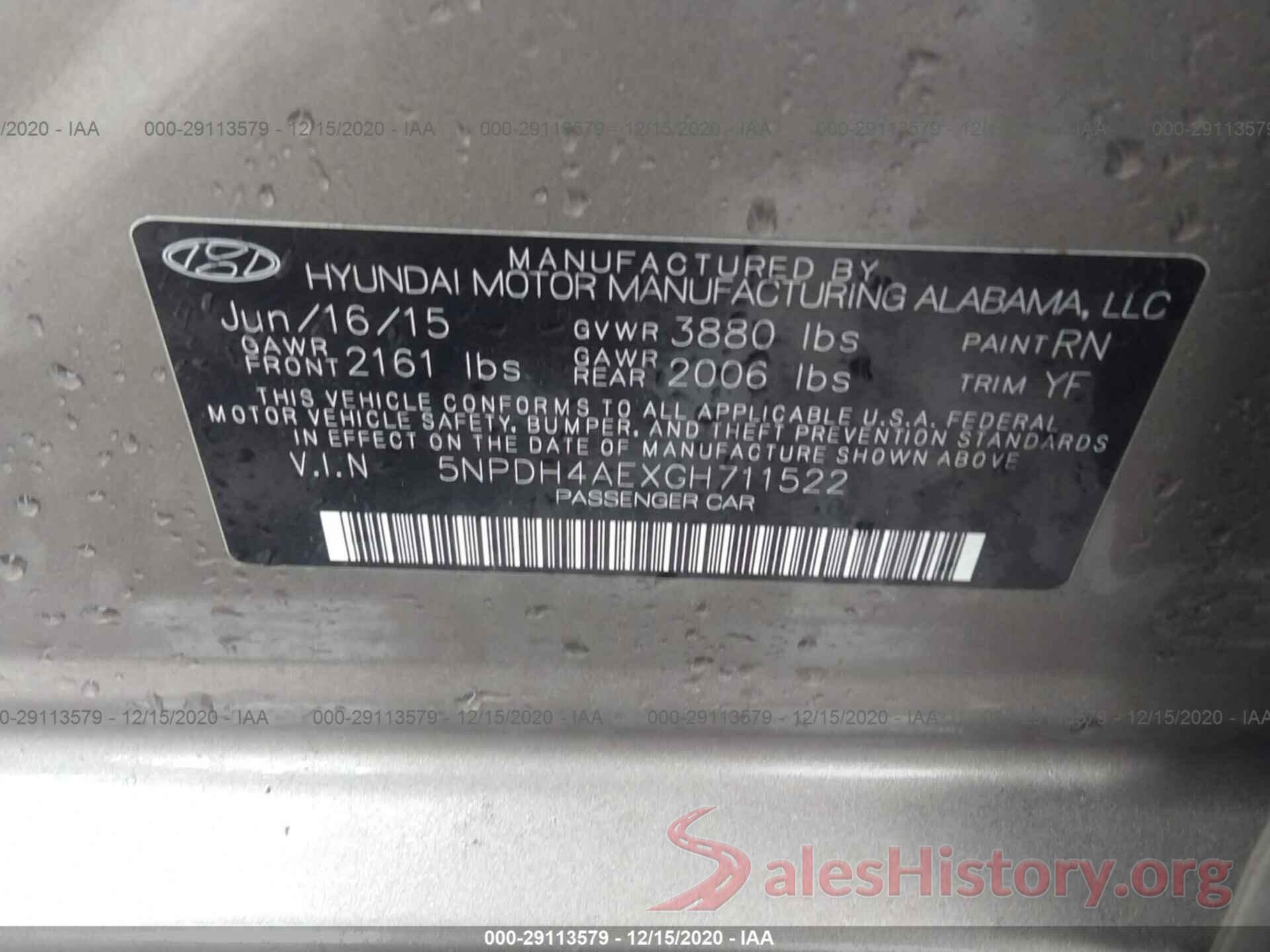 5NPDH4AEXGH711522 2016 HYUNDAI ELANTRA