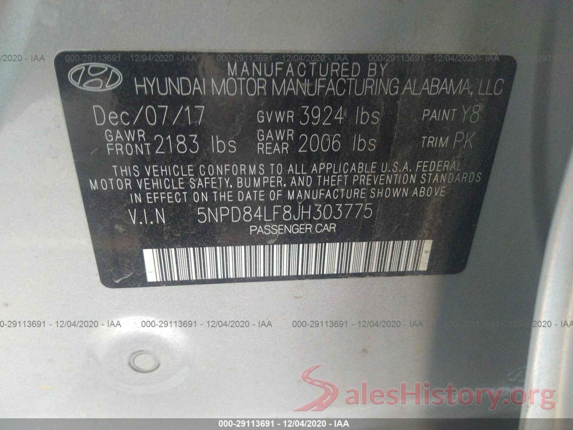 5NPD84LF8JH303775 2018 HYUNDAI ELANTRA