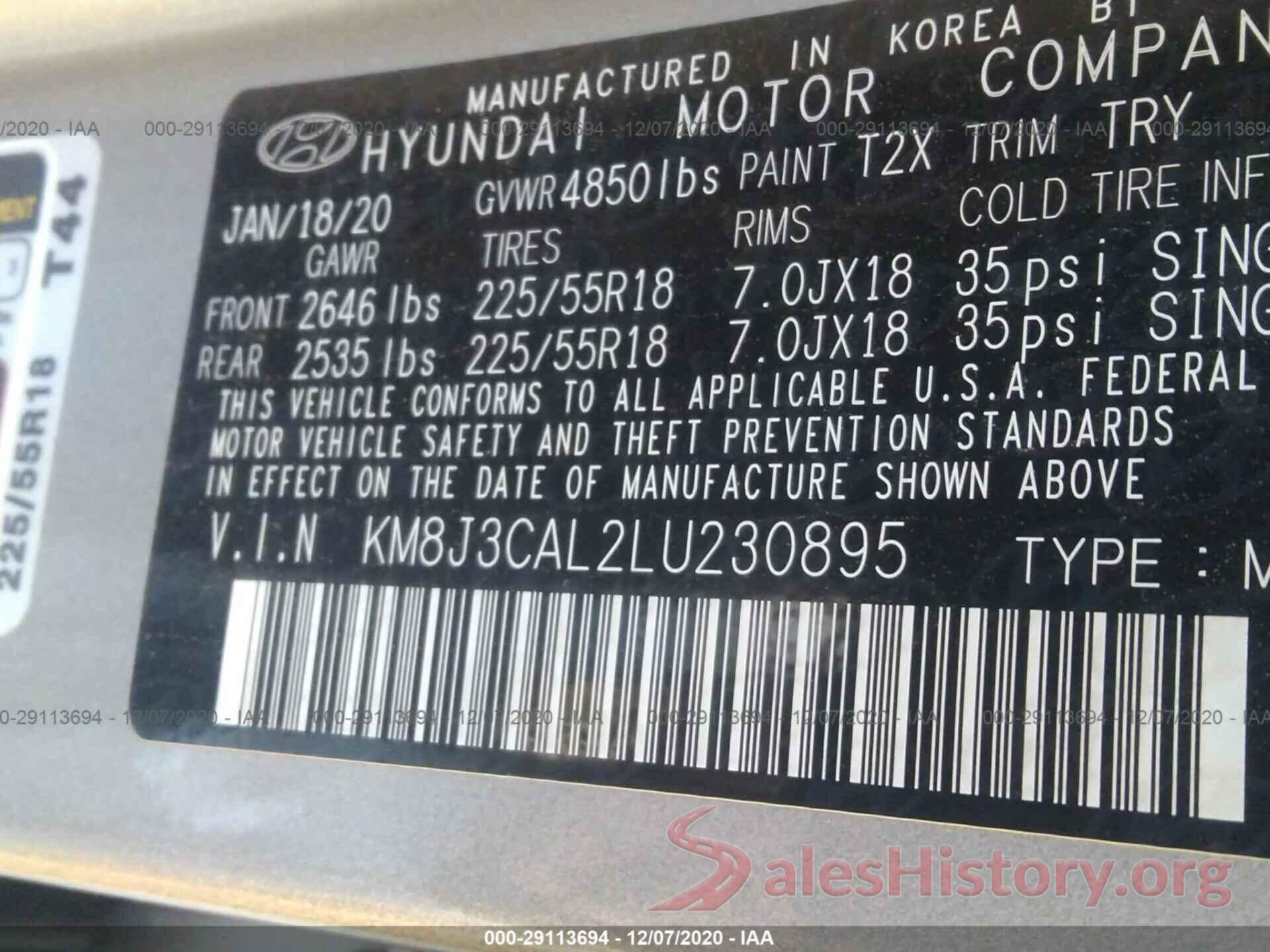 KM8J3CAL2LU230895 2020 HYUNDAI TUCSON