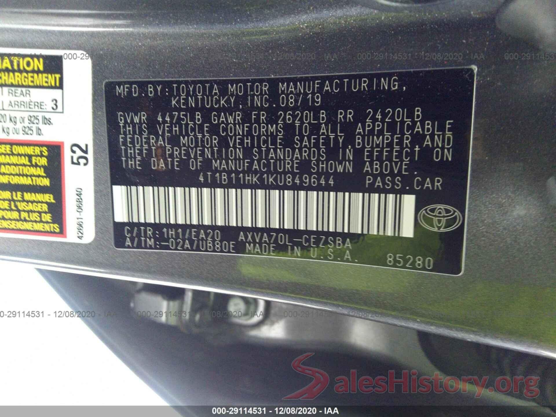 4T1B11HK1KU849644 2019 TOYOTA CAMRY