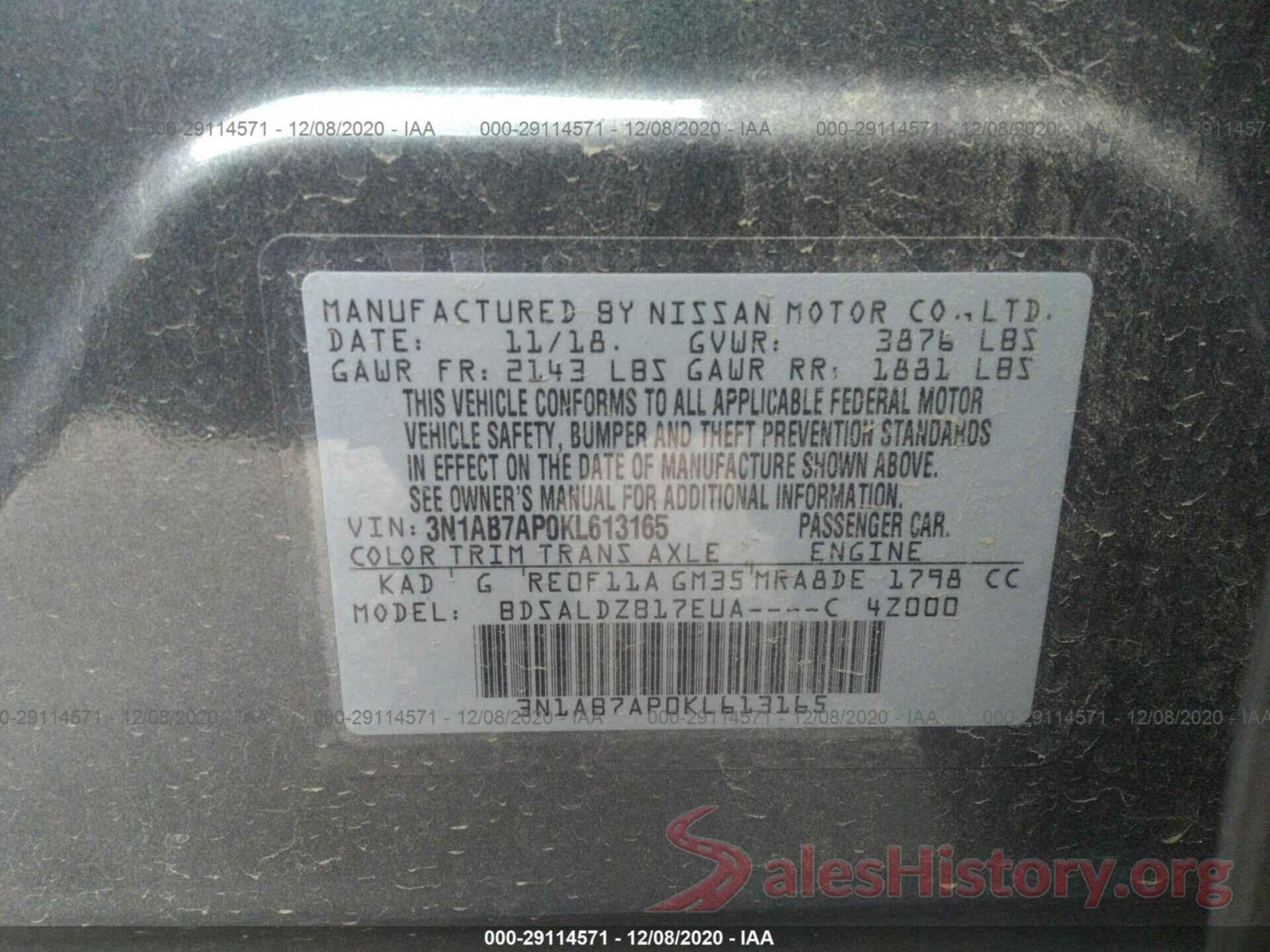 3N1AB7AP0KL613165 2019 NISSAN SENTRA