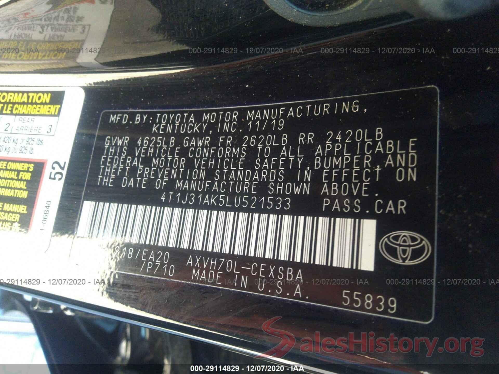 4T1J31AK5LU521533 2020 TOYOTA CAMRY