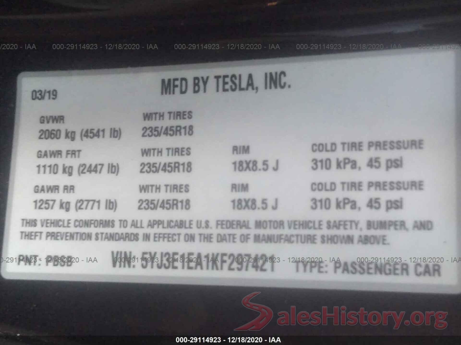 5YJ3E1EA1KF297421 2019 TESLA MODEL 3