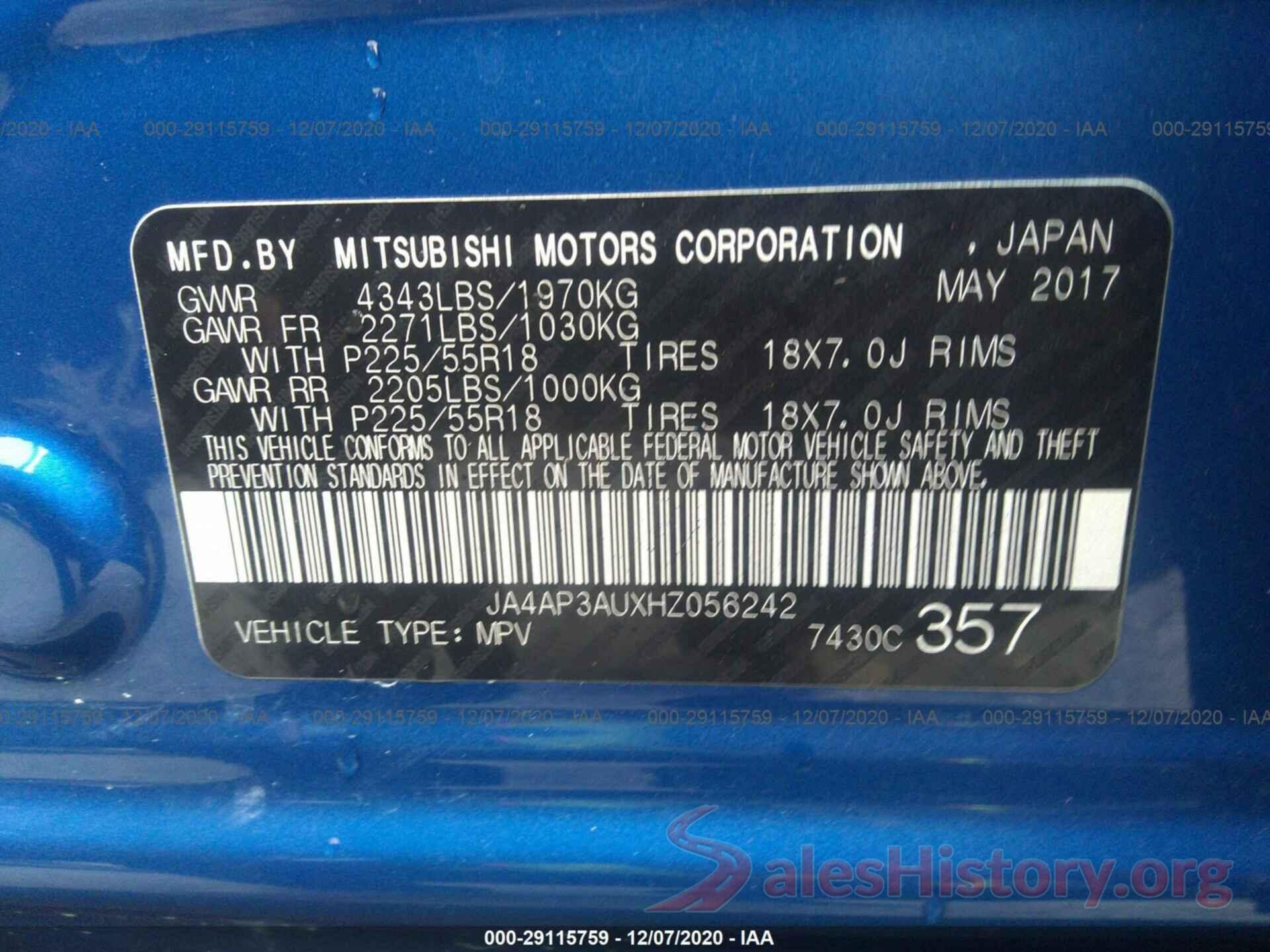 JA4AP3AUXHZ056242 2017 MITSUBISHI OUTLANDER SPORT