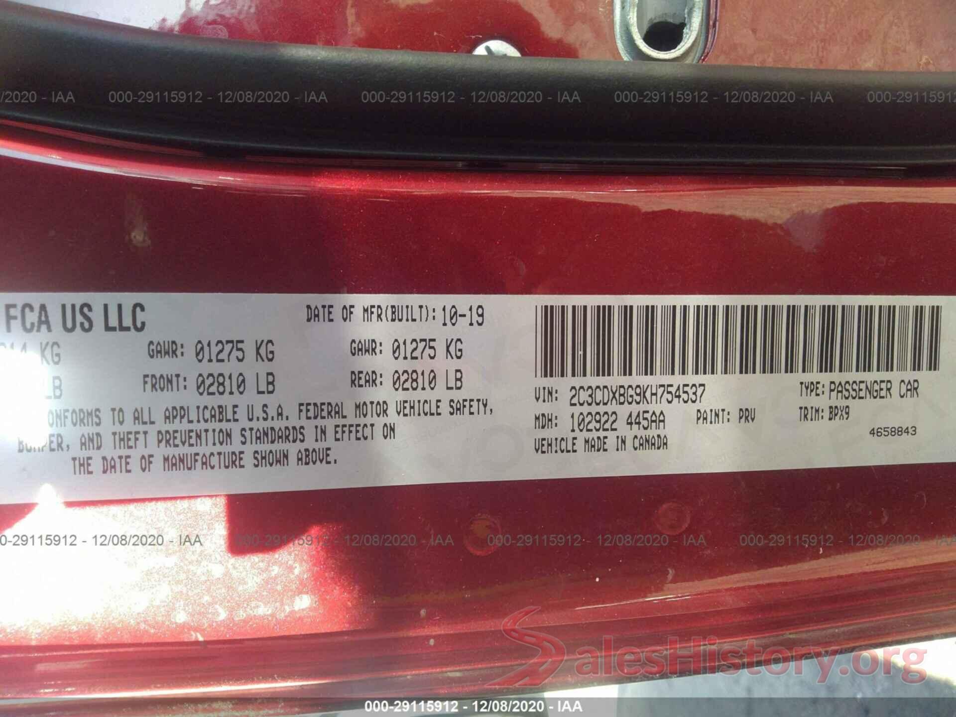 2C3CDXBG9KH754537 2019 DODGE CHARGER