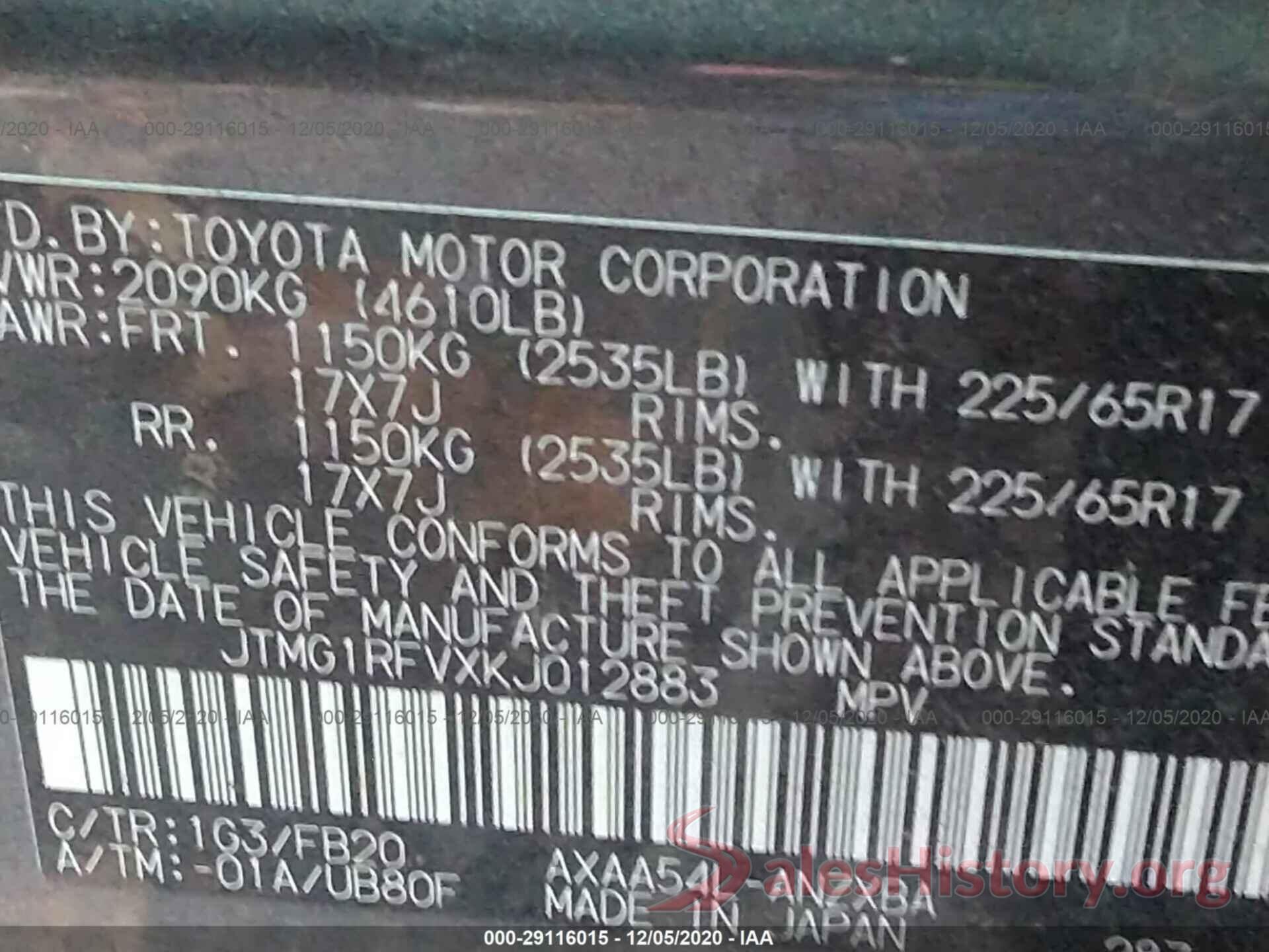 JTMG1RFVXKJ012883 2019 TOYOTA RAV4