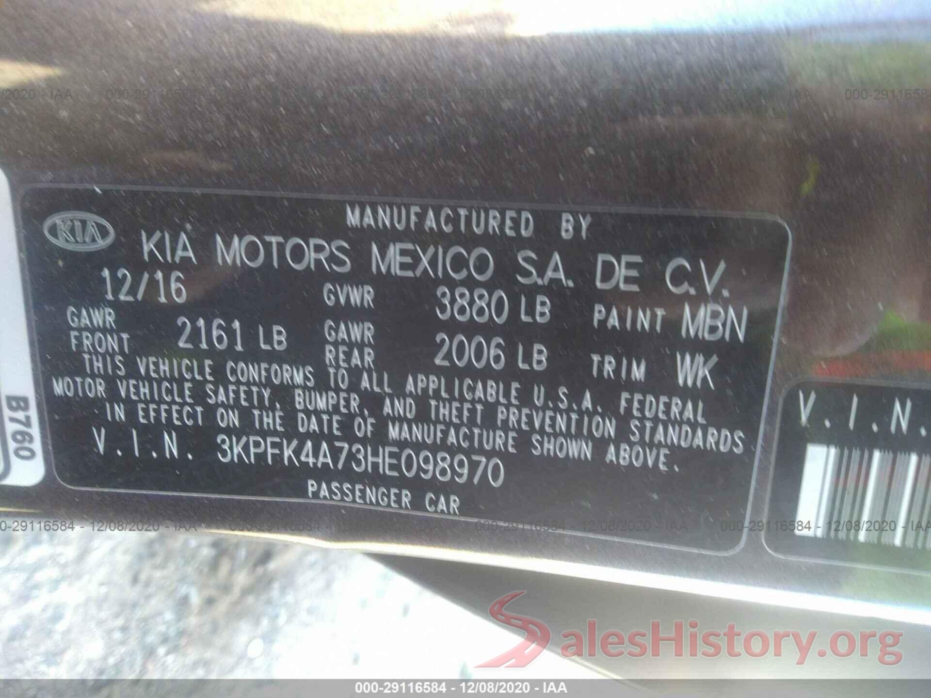 3KPFK4A73HE098970 2017 KIA FORTE