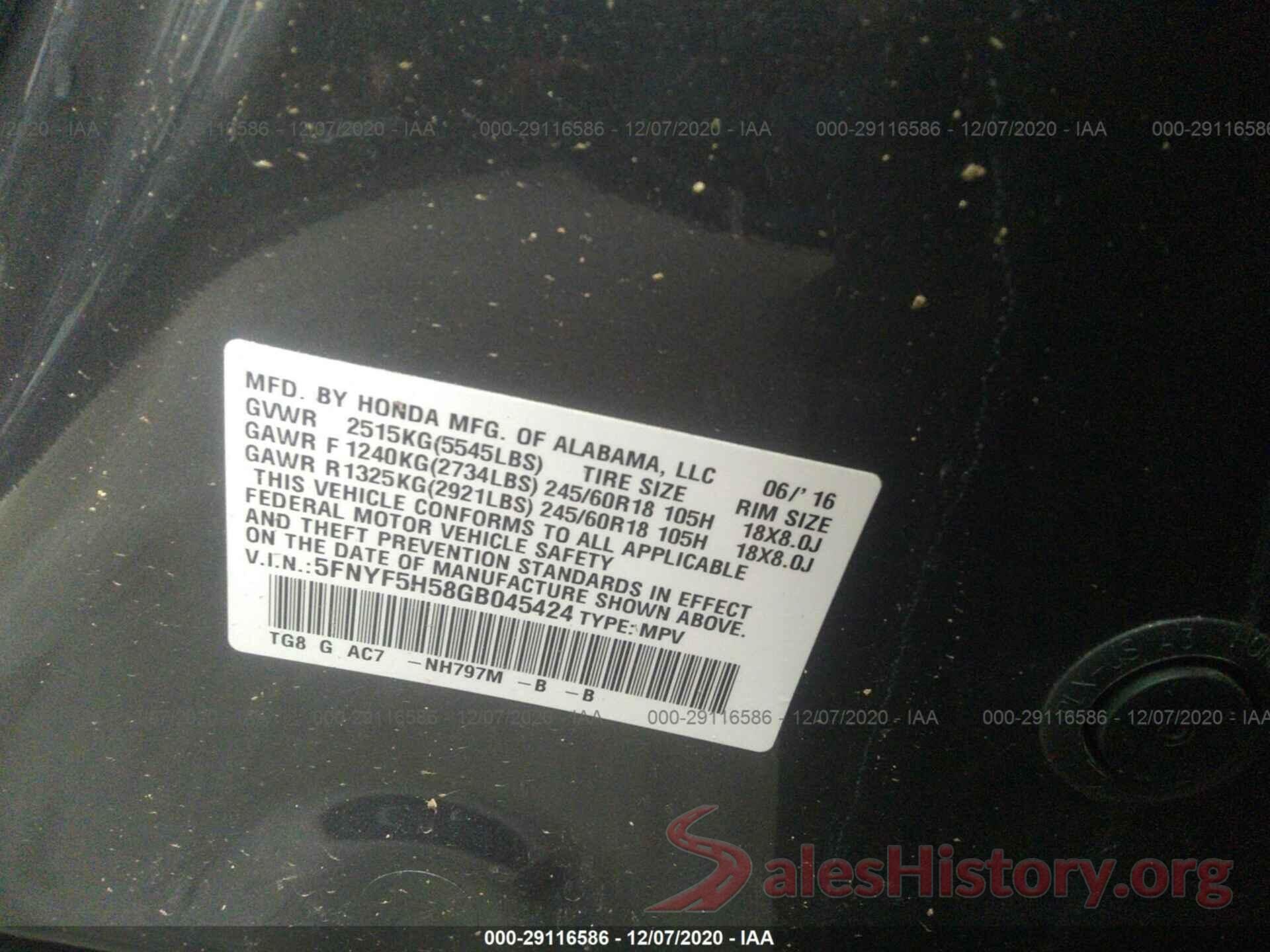 5FNYF5H58GB045424 2016 HONDA PILOT