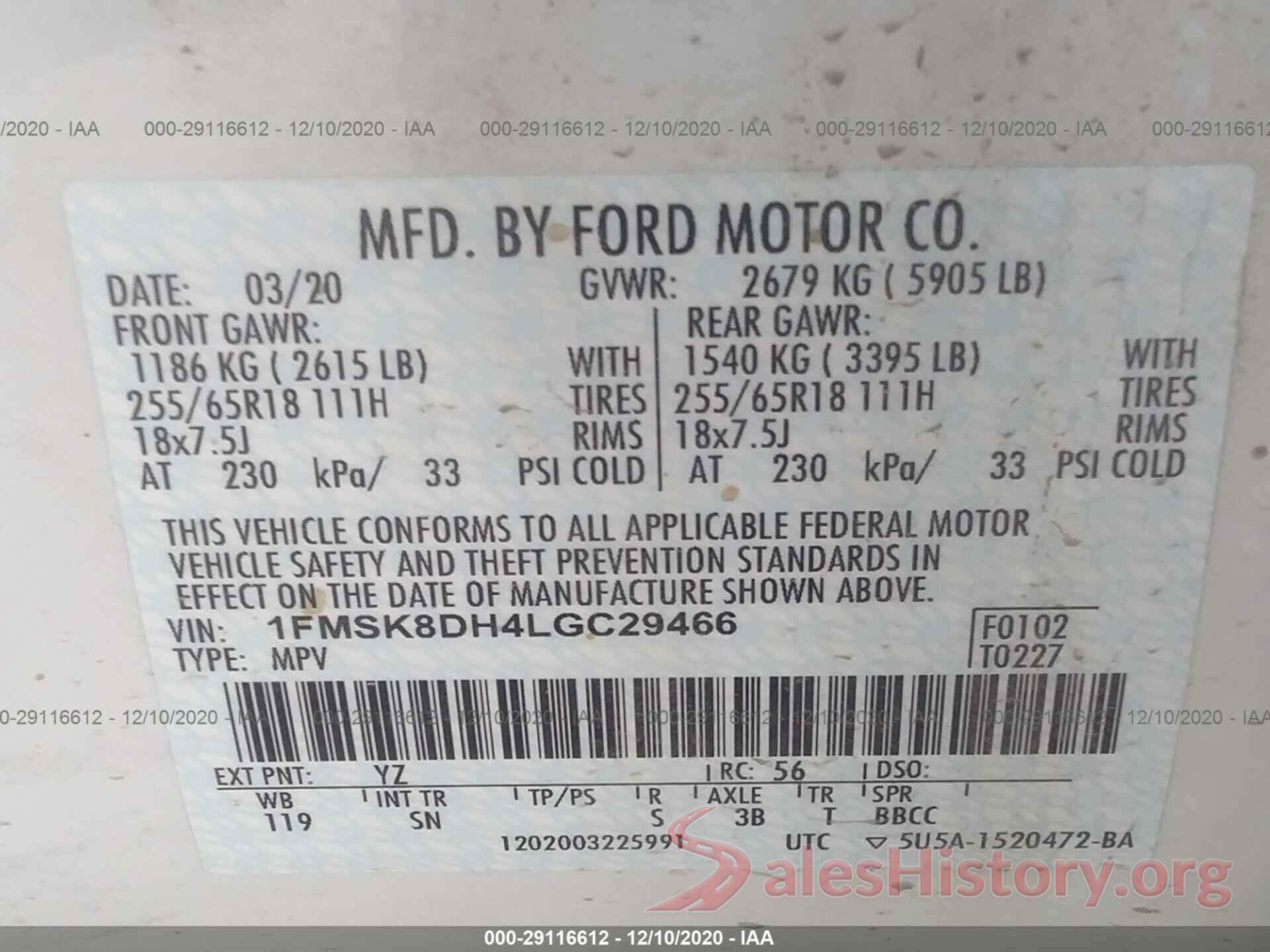 1FMSK8DH4LGC29466 2020 FORD EXPLORER