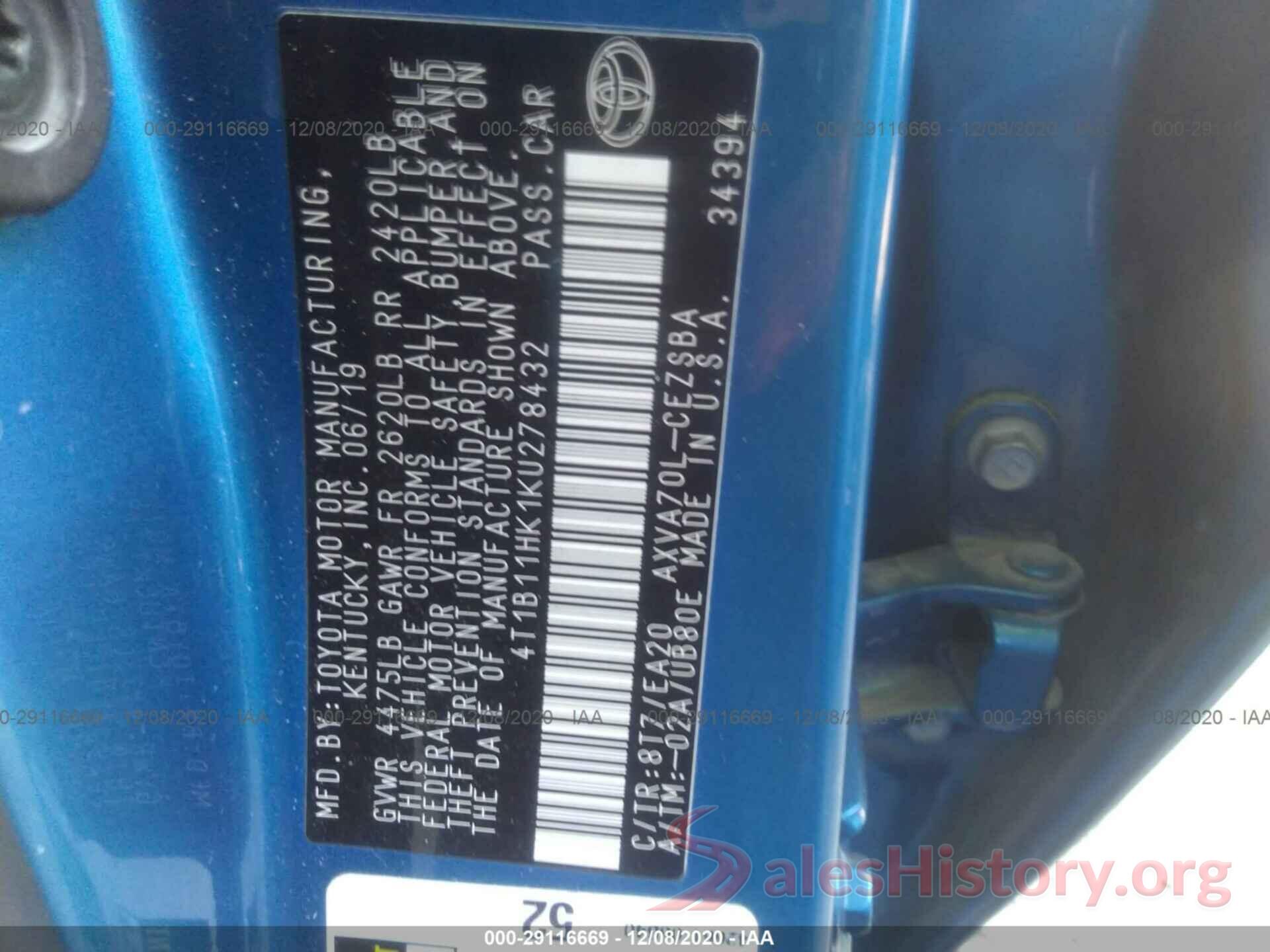 4T1B11HK1KU278432 2019 TOYOTA CAMRY