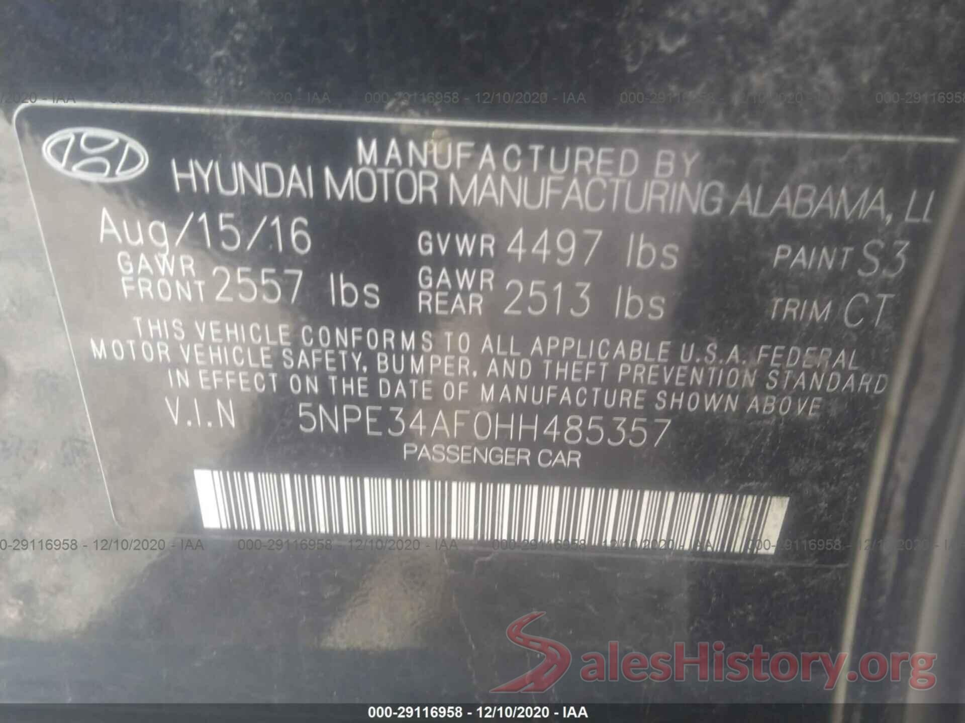 5NPE34AF0HH485357 2017 HYUNDAI SONATA