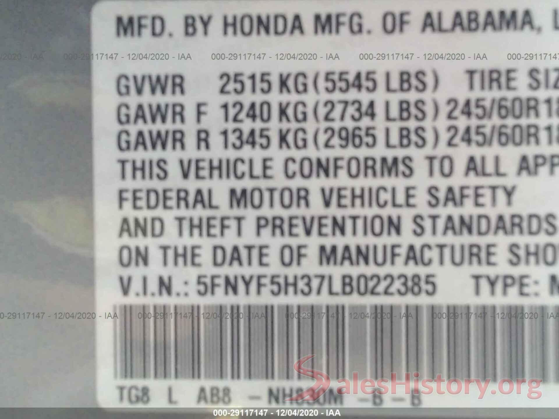 5FNYF5H37LB022385 2020 HONDA PILOT