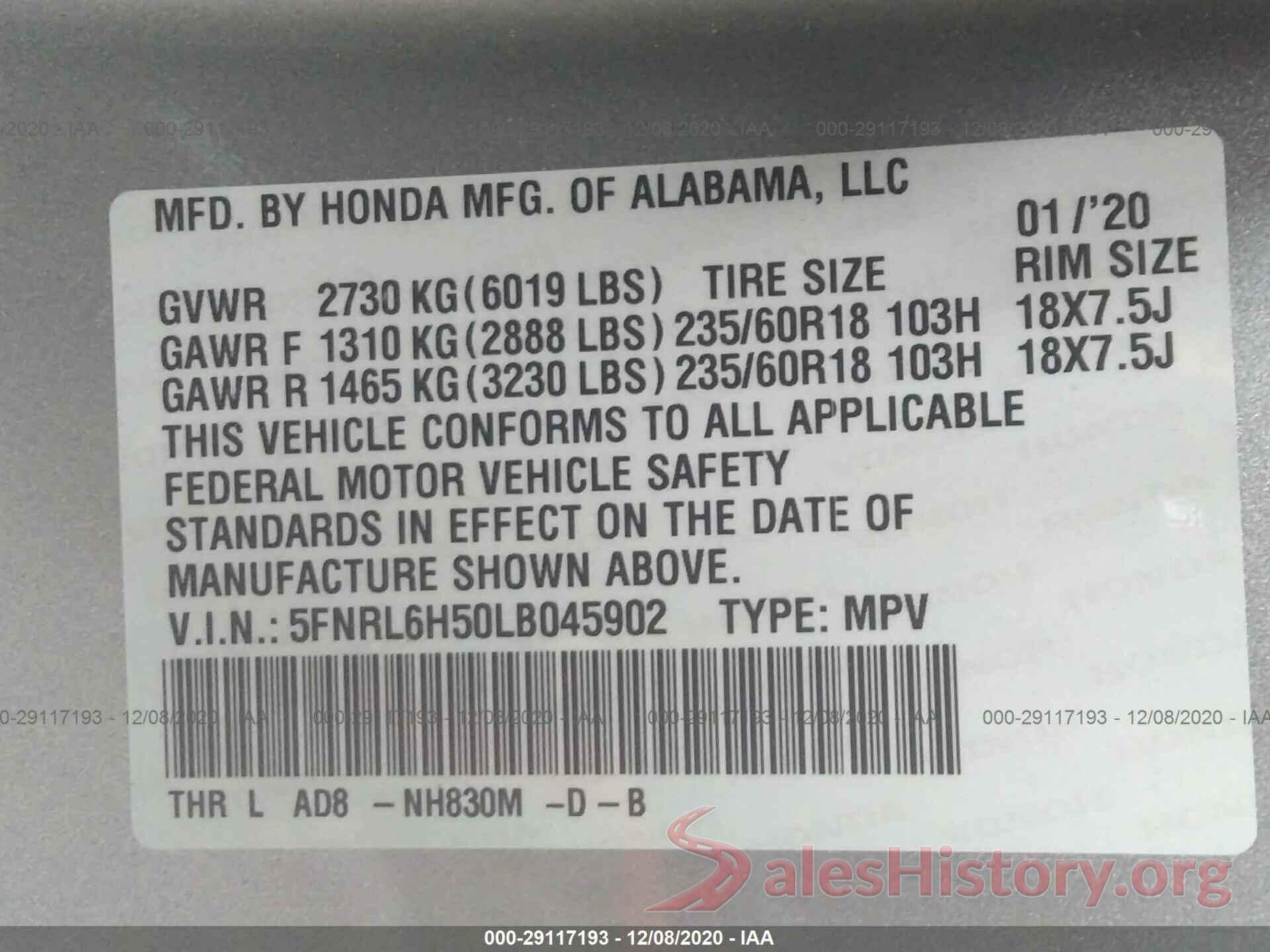 5FNRL6H50LB045902 2020 HONDA ODYSSEY