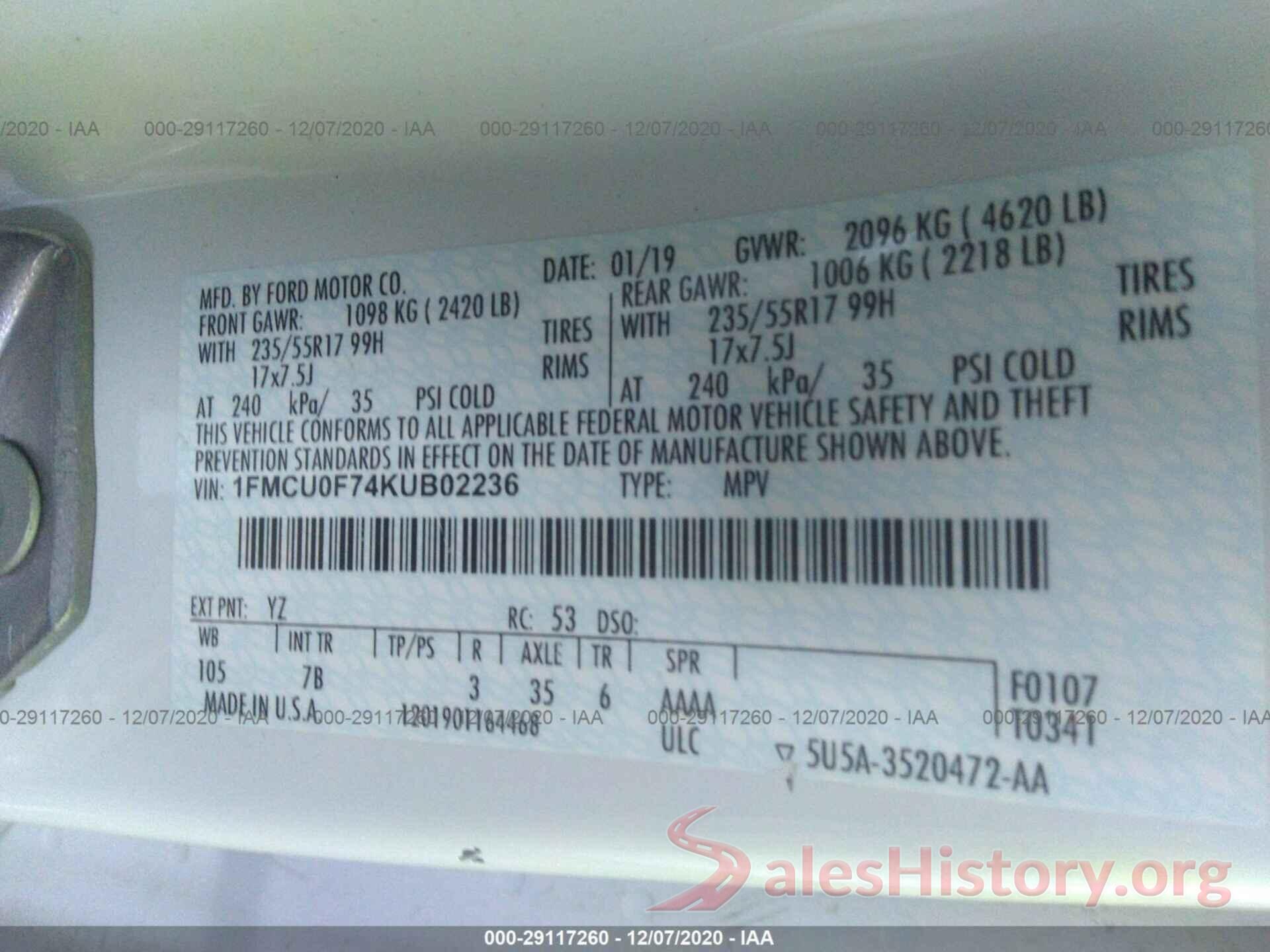 1FMCU0F74KUB02236 2019 FORD ESCAPE