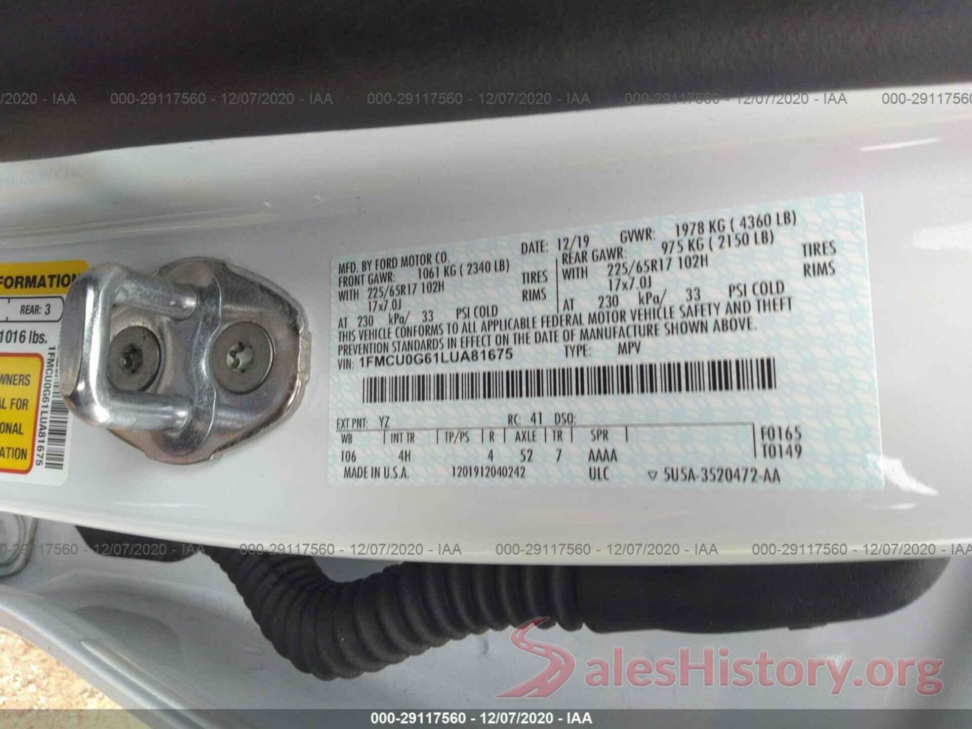 1FMCU0G61LUA81675 2020 FORD ESCAPE