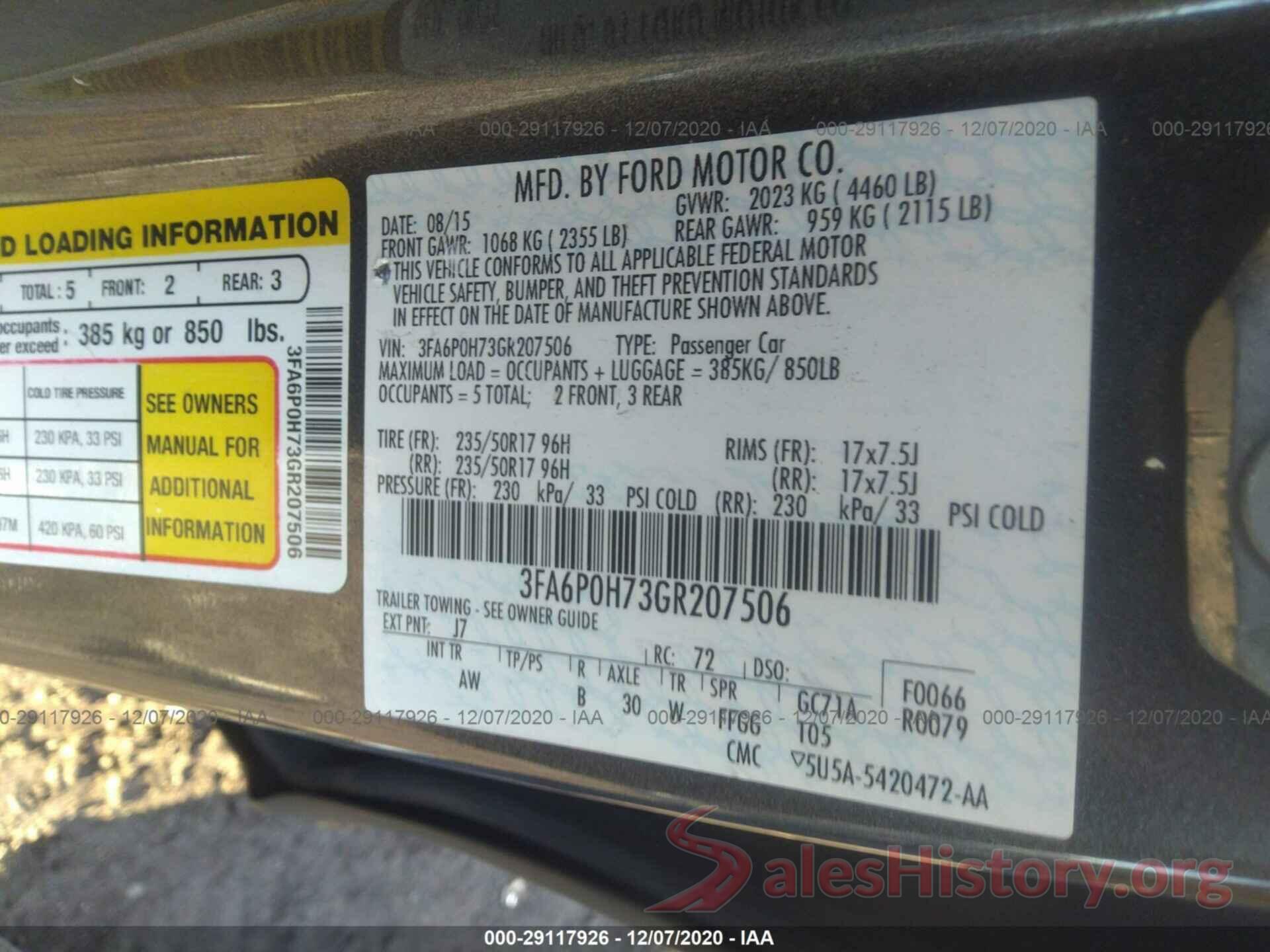 3FA6P0H73GR207506 2016 FORD FUSION