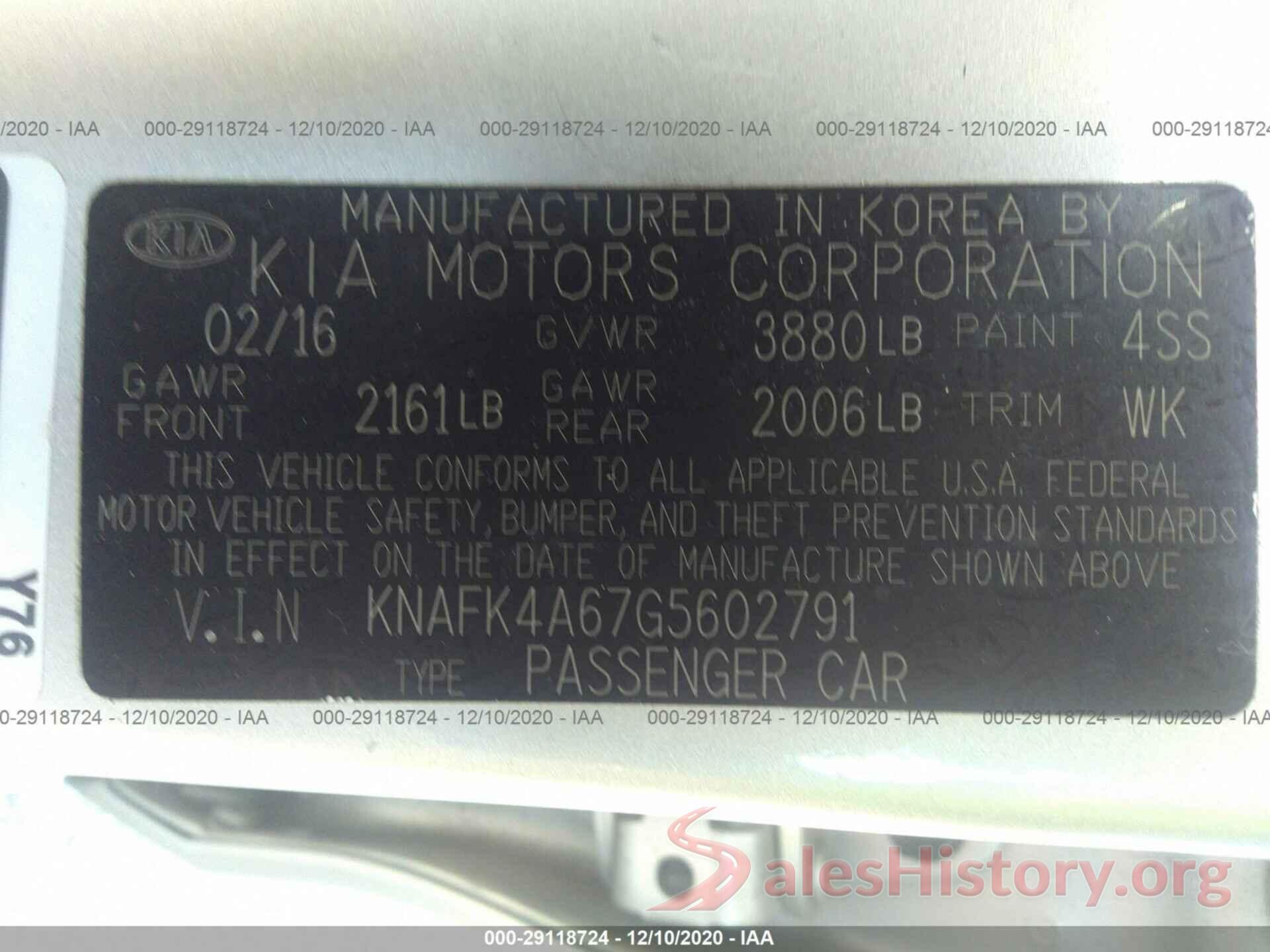 KNAFK4A67G5602791 2016 KIA FORTE