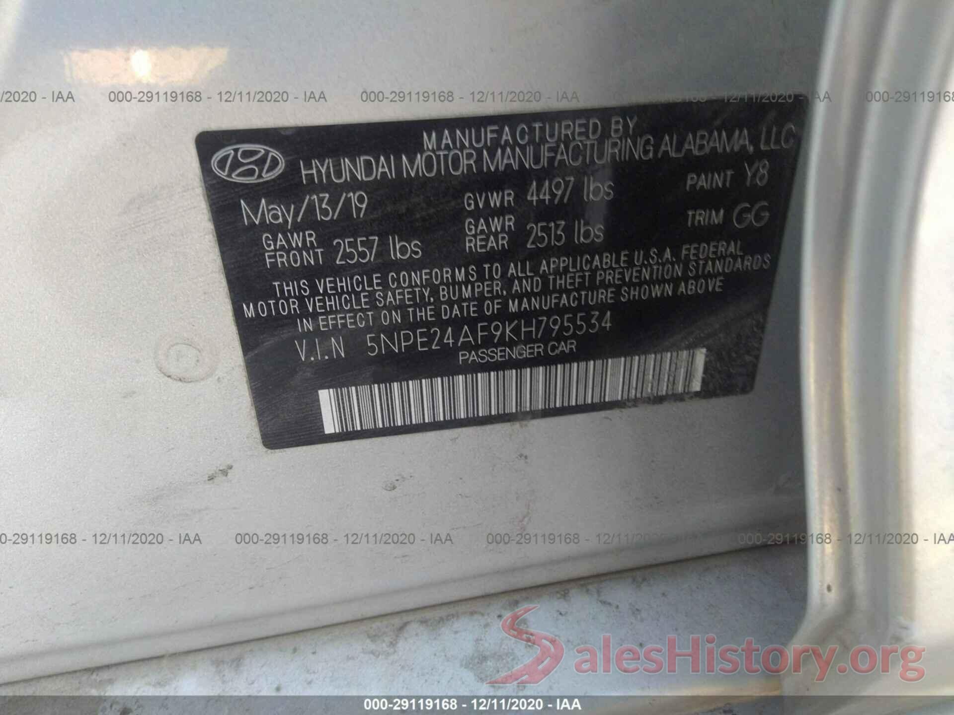 5NPE24AF9KH795534 2019 HYUNDAI SONATA