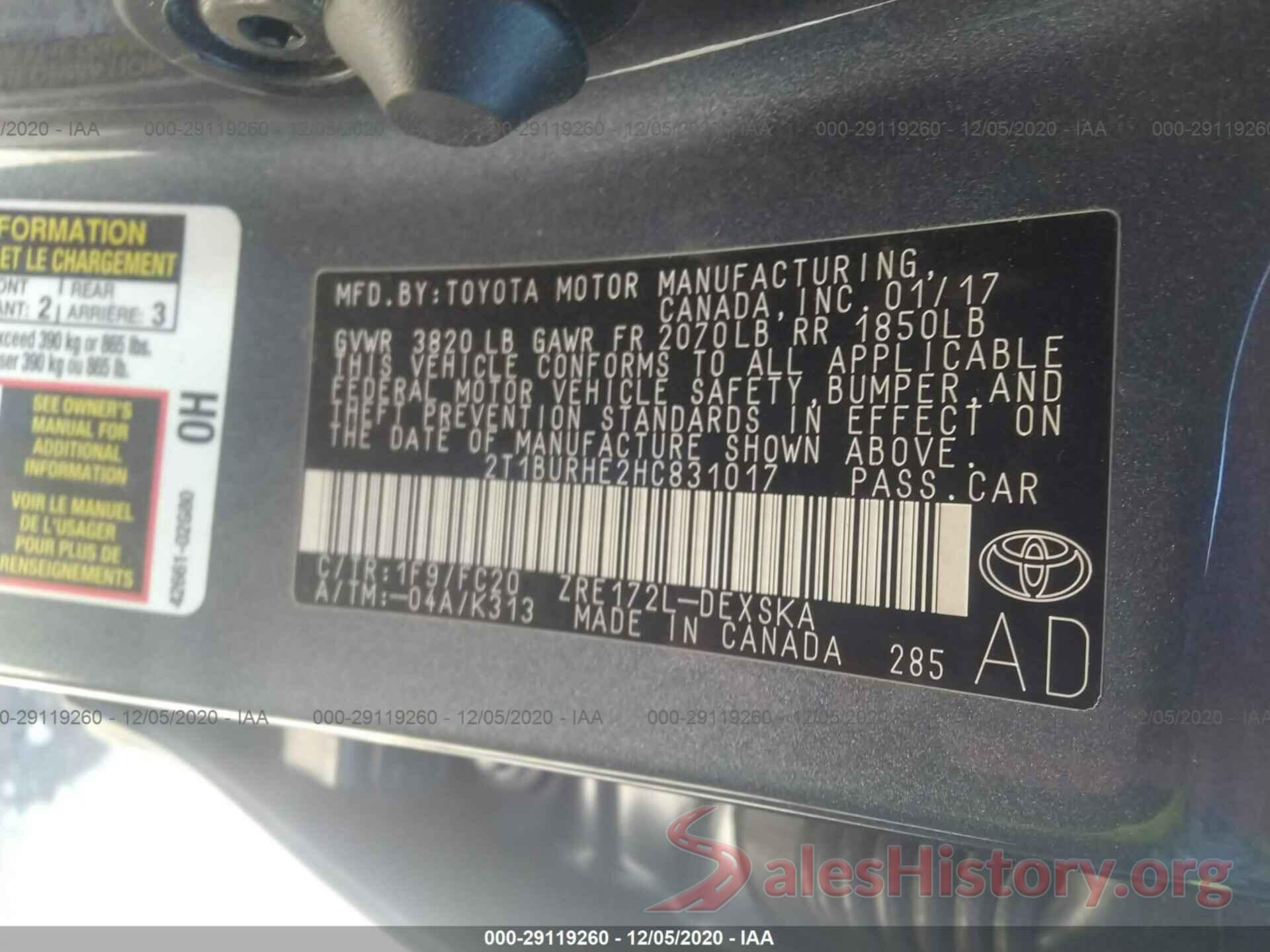 2T1BURHE2HC831017 2017 TOYOTA COROLLA