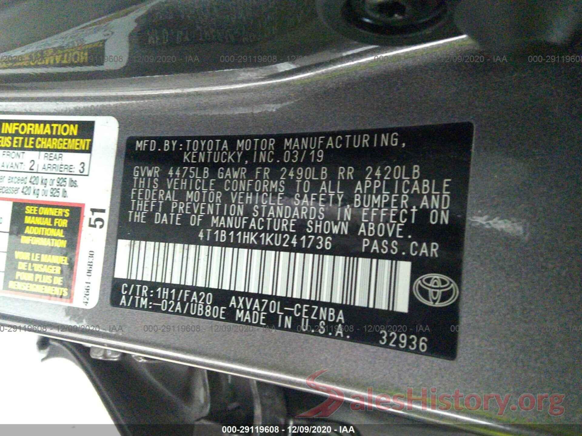 4T1B11HK1KU241736 2019 TOYOTA CAMRY