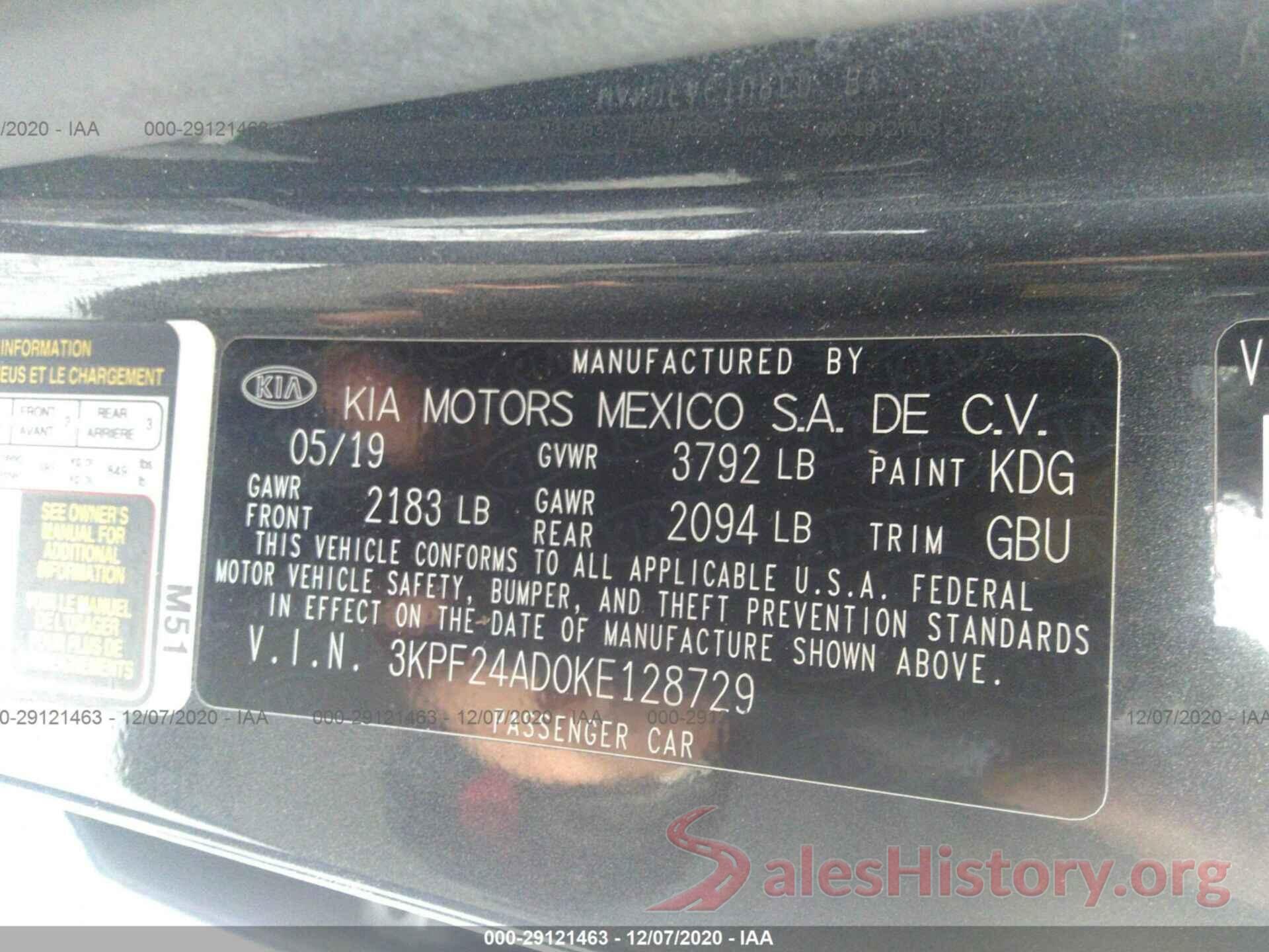 3KPF24AD0KE128729 2019 KIA FORTE