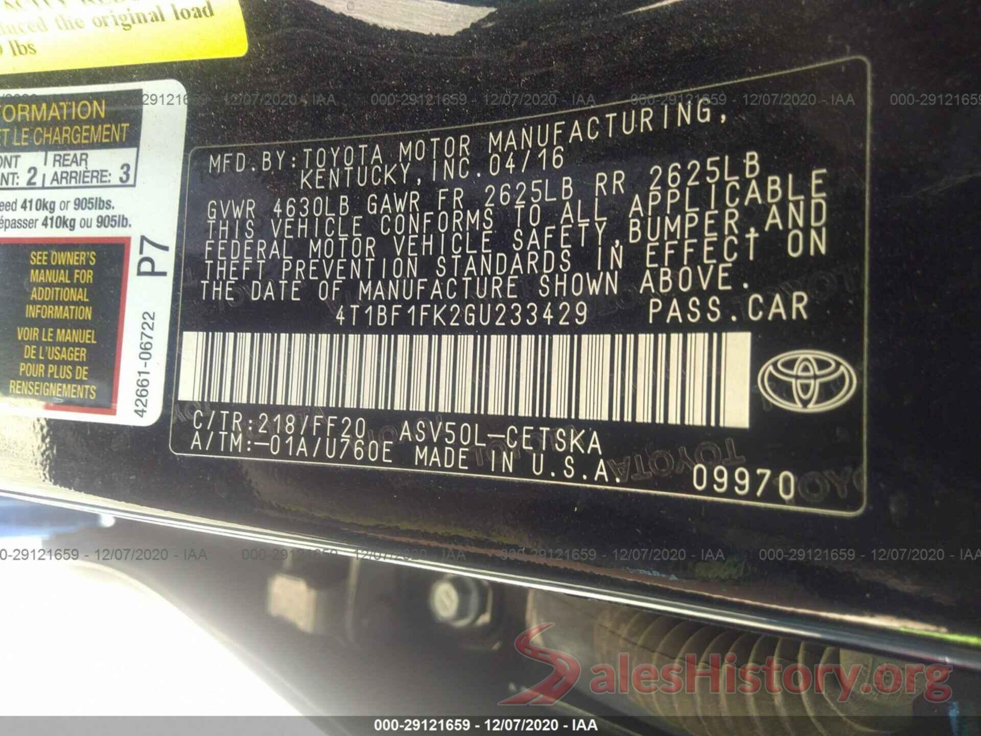 4T1BF1FK2GU233429 2016 TOYOTA CAMRY