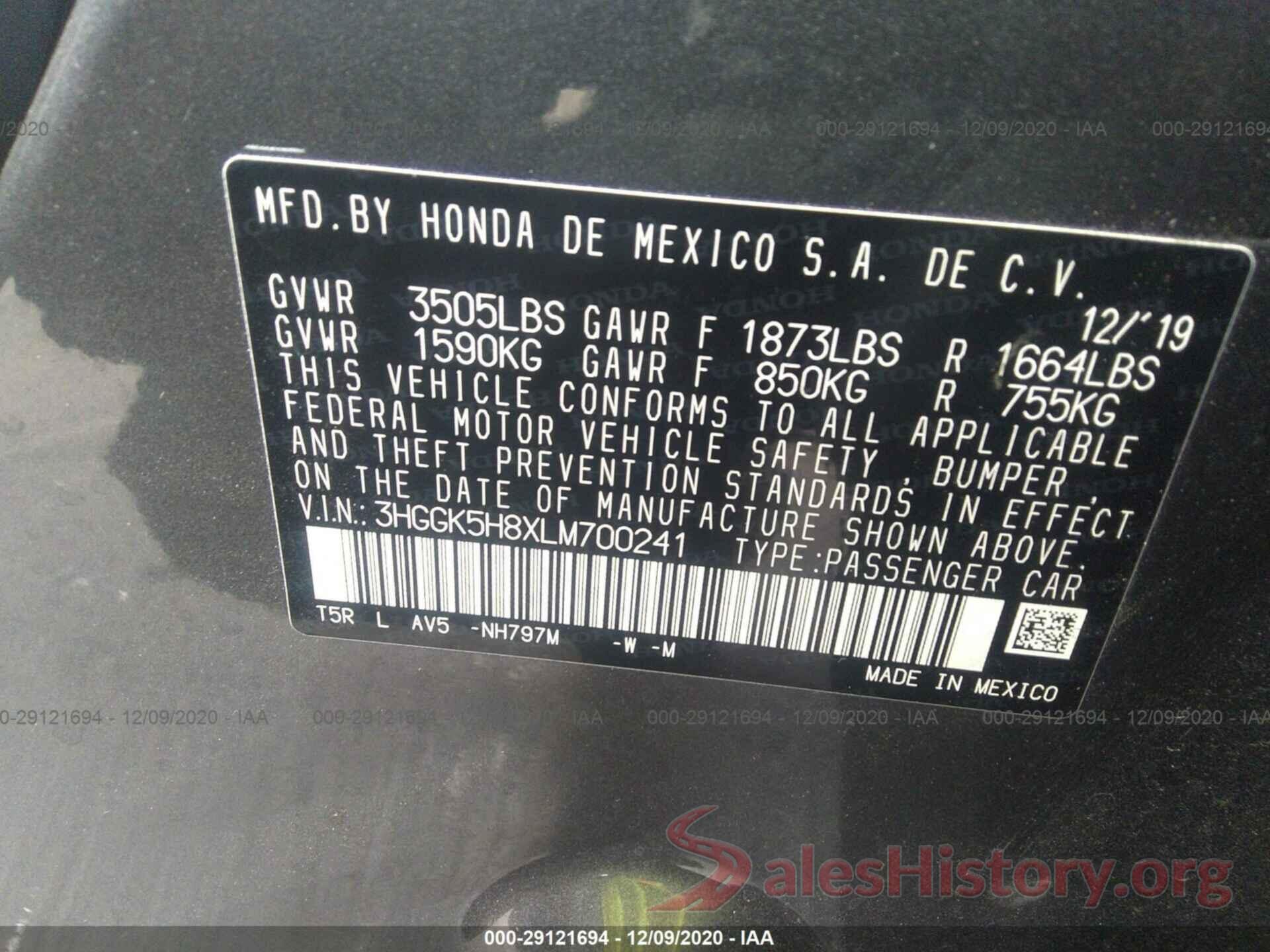 3HGGK5H8XLM700241 2020 HONDA FIT