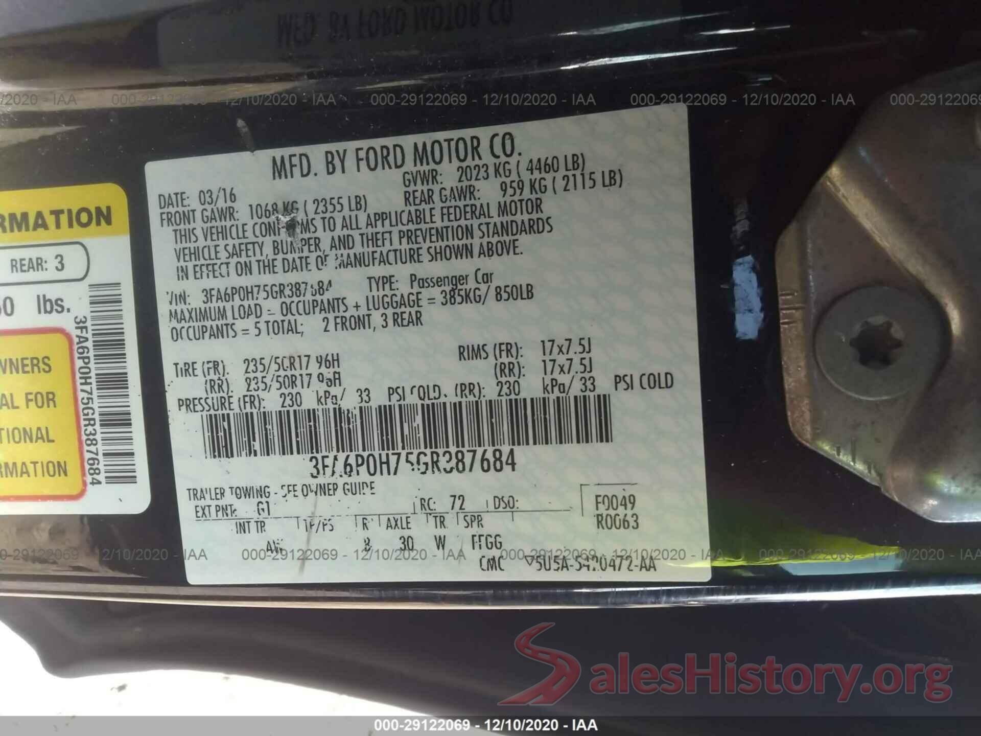 3FA6P0H75GR387684 2016 FORD FUSION