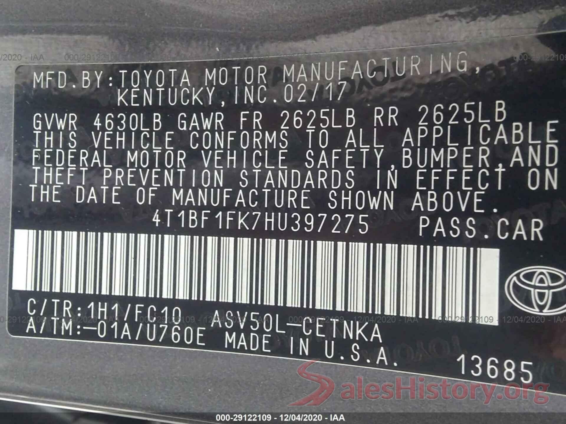 4T1BF1FK7HU397275 2017 TOYOTA CAMRY