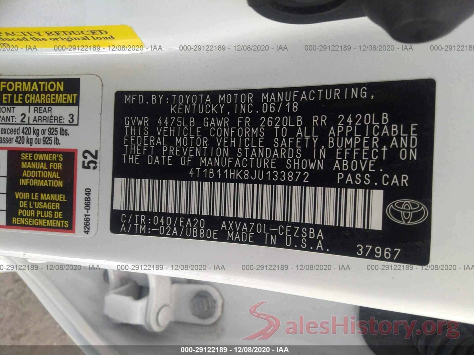 4T1B11HK8JU133872 2018 TOYOTA CAMRY