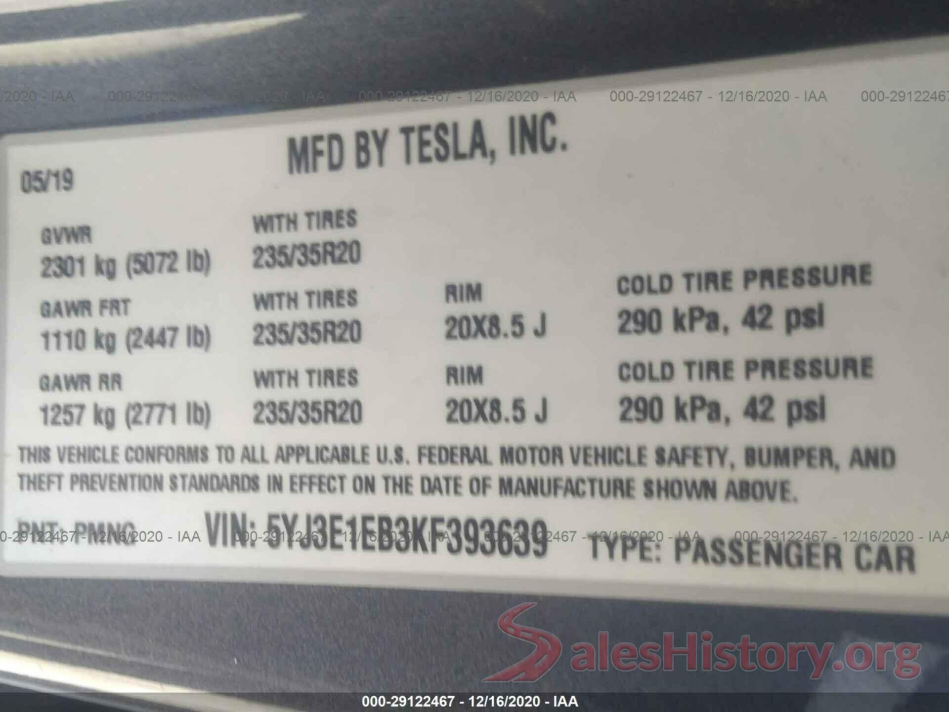 5YJ3E1EB3KF393639 2019 TESLA MODEL 3