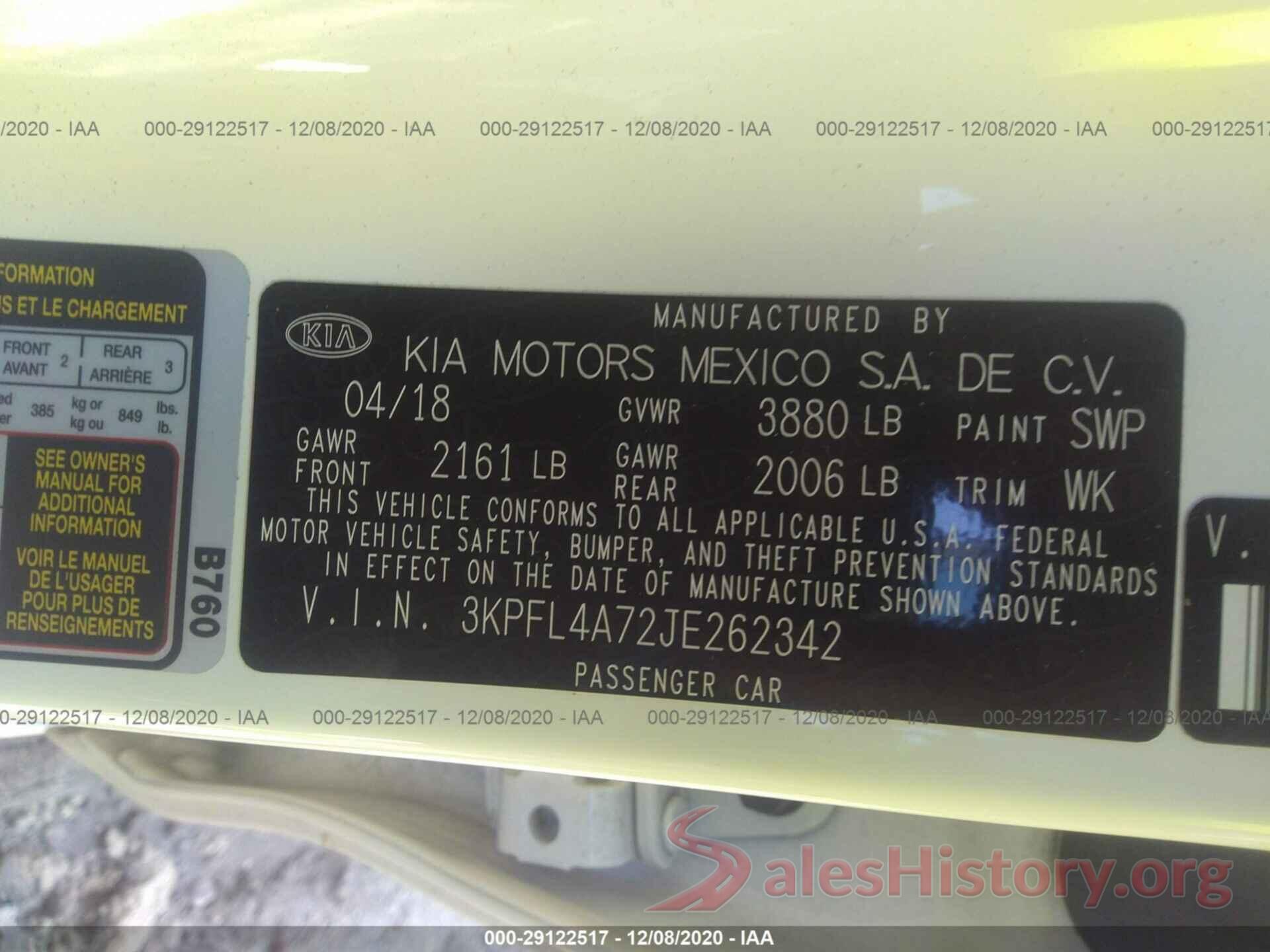 3KPFL4A72JE262342 2018 KIA FORTE