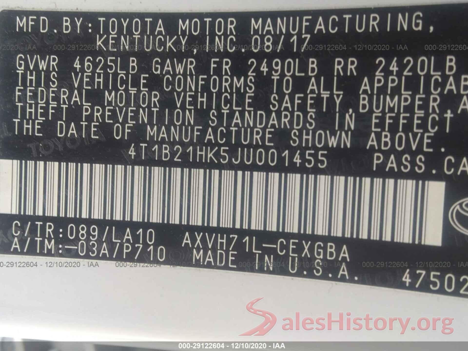 4T1B21HK5JU001455 2018 TOYOTA CAMRY