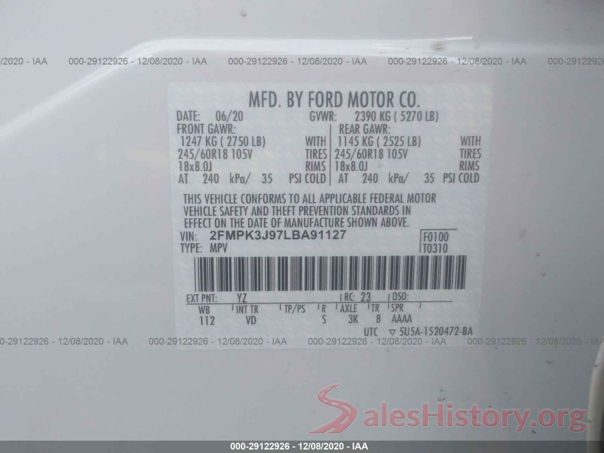 2FMPK3J97LBA91127 2020 FORD EDGE