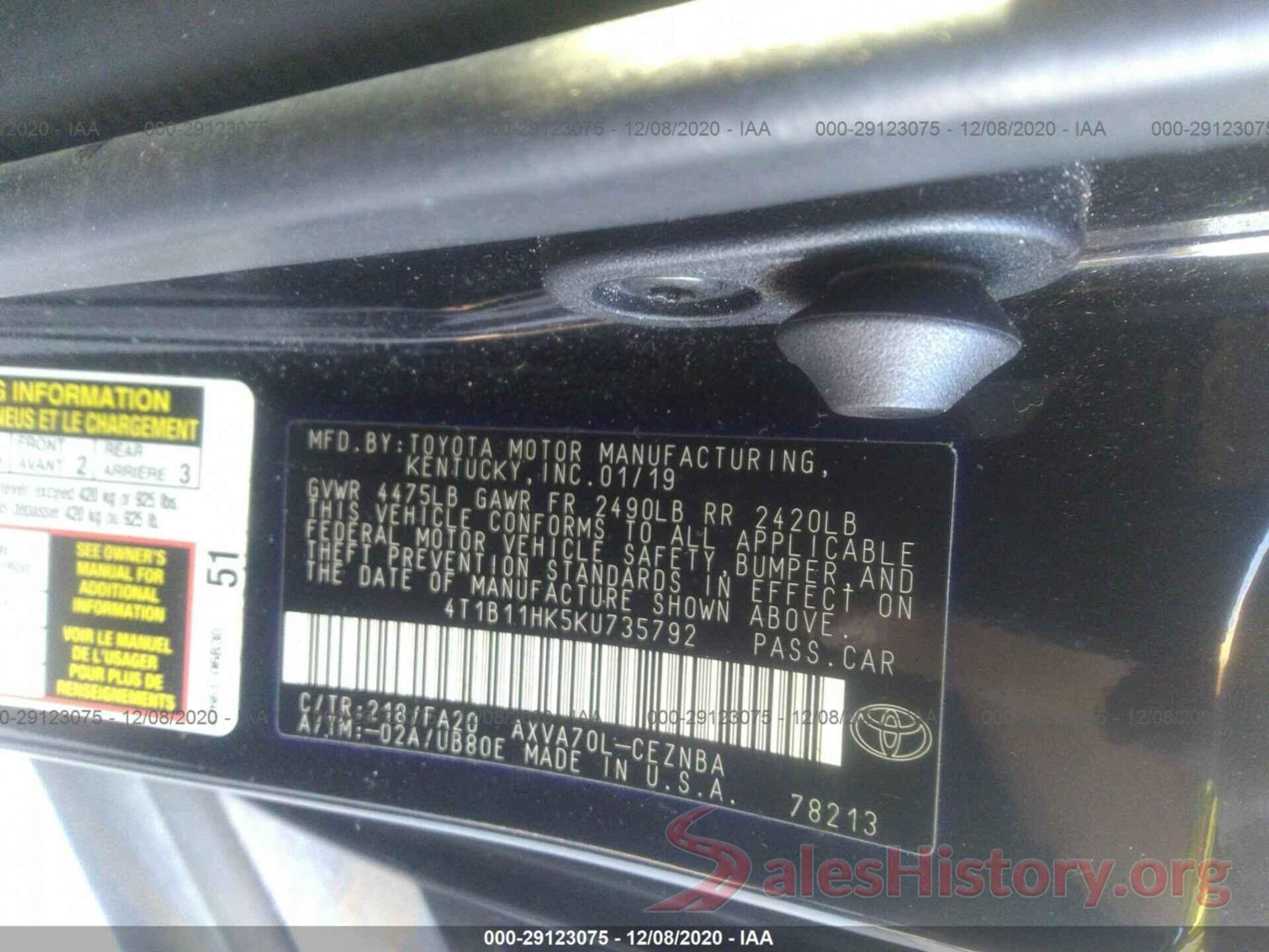 4T1B11HK5KU735792 2019 TOYOTA CAMRY