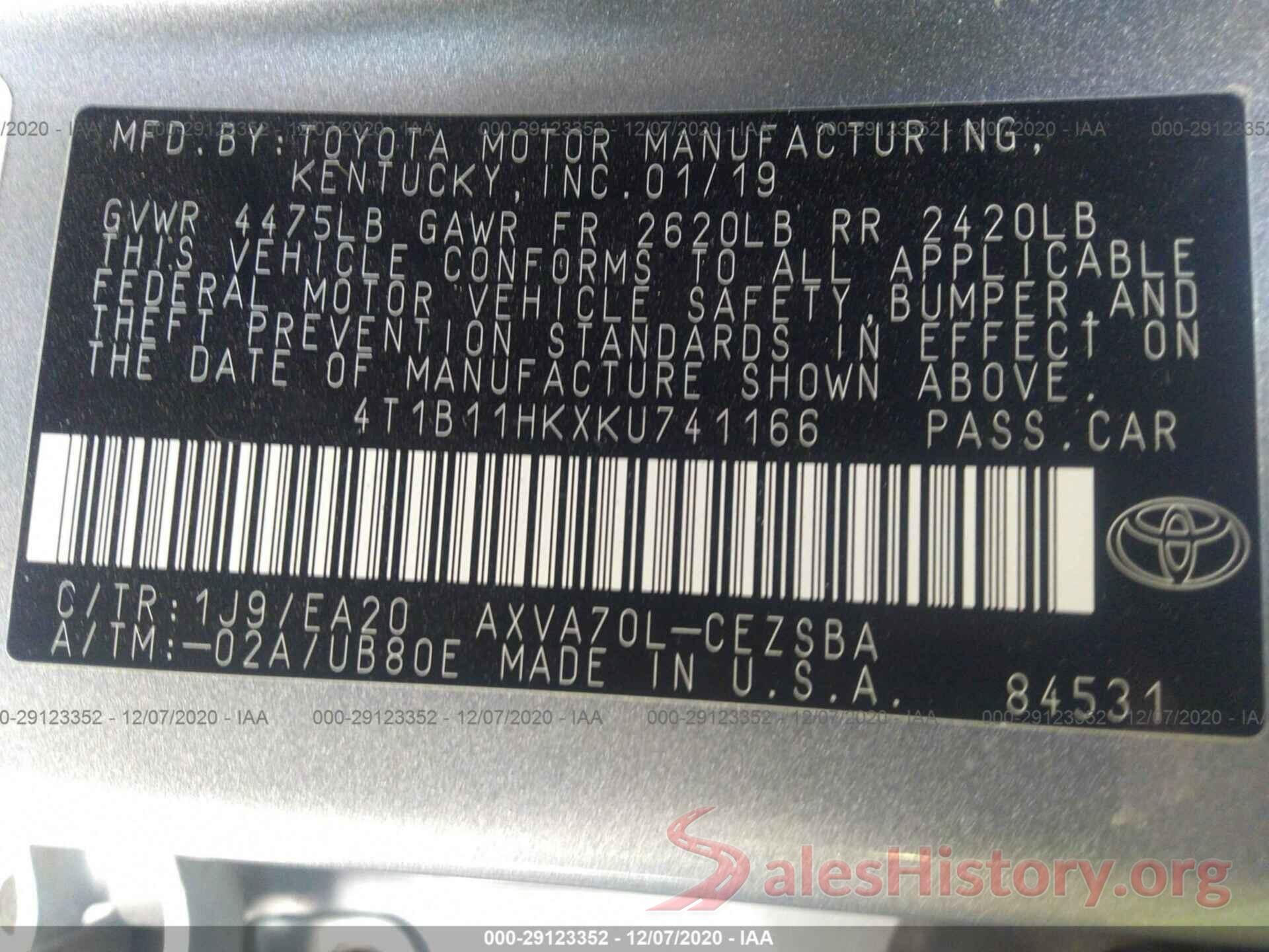 4T1B11HKXKU741166 2019 TOYOTA CAMRY