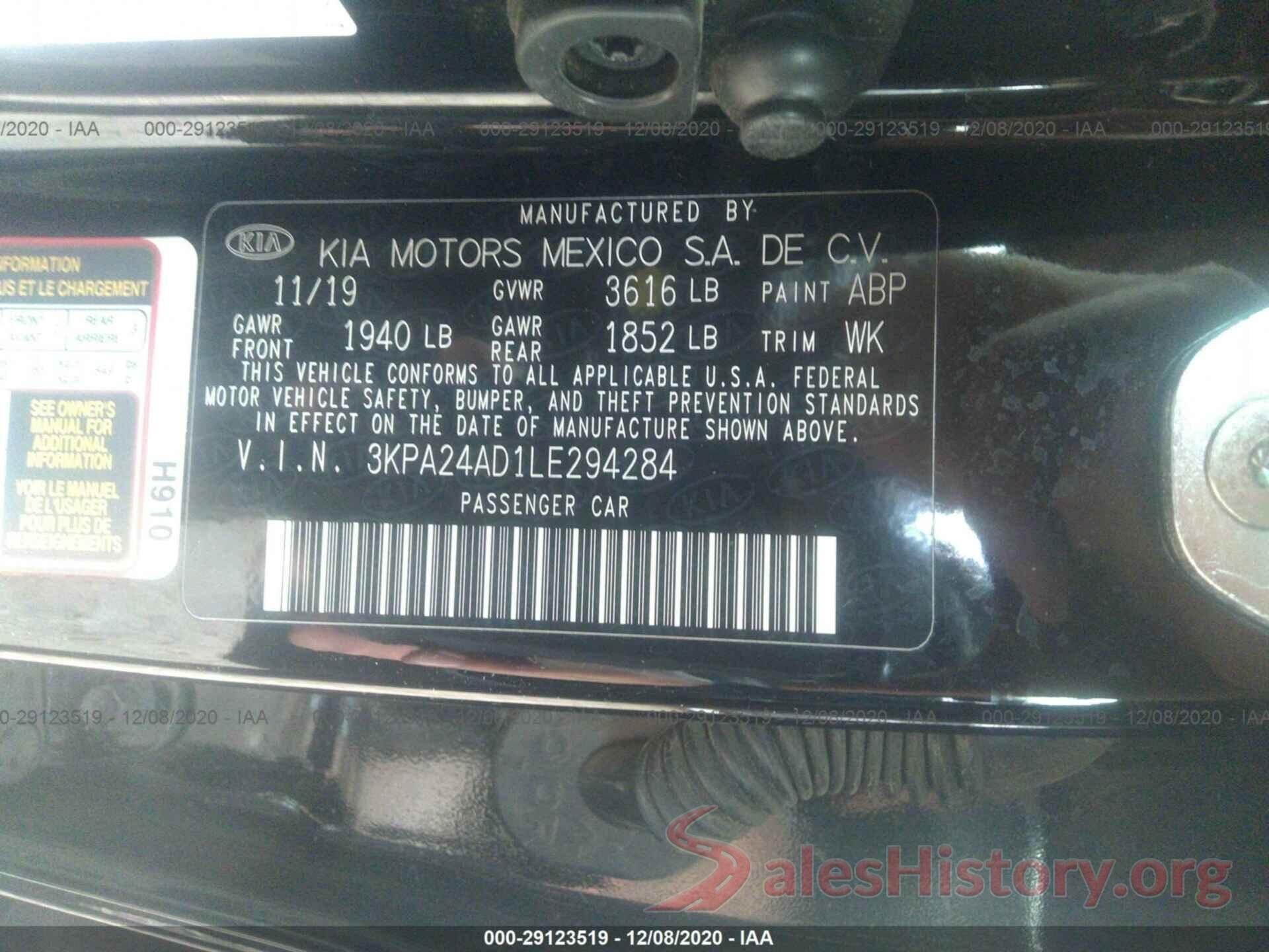 3KPA24AD1LE294284 2020 KIA RIO